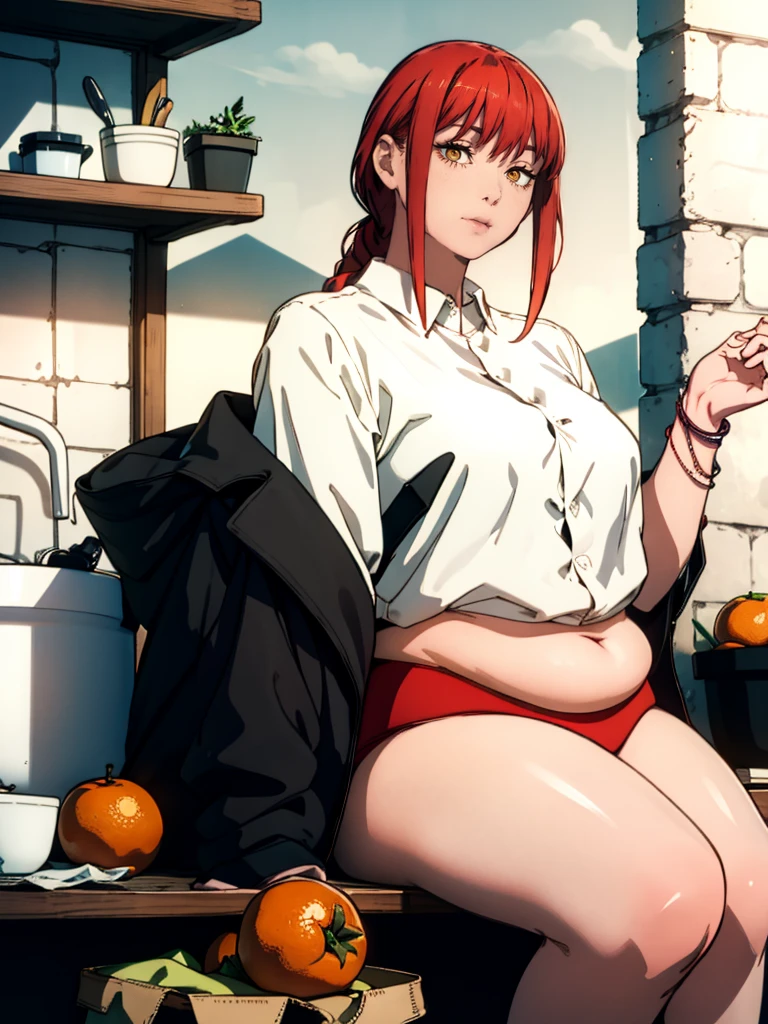 Le personnage Makima de la série animée Chainsaw Man, fragile, obésité morbide, ssbbw, pleine longueur (corps entier 1.1.), fond sombre, obscurité, anatomie correcte 1.1, anatomie correcte de la main, Très féminin, corps gras et rond, grosses Jambes, fesses, beau corps obèse, ventre rond et mou très gras, ventre visible, cheveux roux, Yeux oranges, Cercles rouges pour les écoliers, chemise blanche, jupe noire, cravate noire, pose sexy, réaliste, very détaillé, beau corps, détaillé body, détaillé hands, détaillé, vibrant, détaillé Face, Conception des personnages de Makima. very détaillé, détaillé body, détaillé hands, détaillé Face, Art animé, Hugh Détails, Visage très abattu, détaillé eyes, Illustration ultra fine, Meilleure ombre, détail fin, beautiful détaillé glow, beautiful détaillé, Extraordinairement beau, extremely détaillé, inexpressif, composition épique, Style animé. art animé, Style animé. Jupe noire, chemise blanche, cravatte, pose sexy