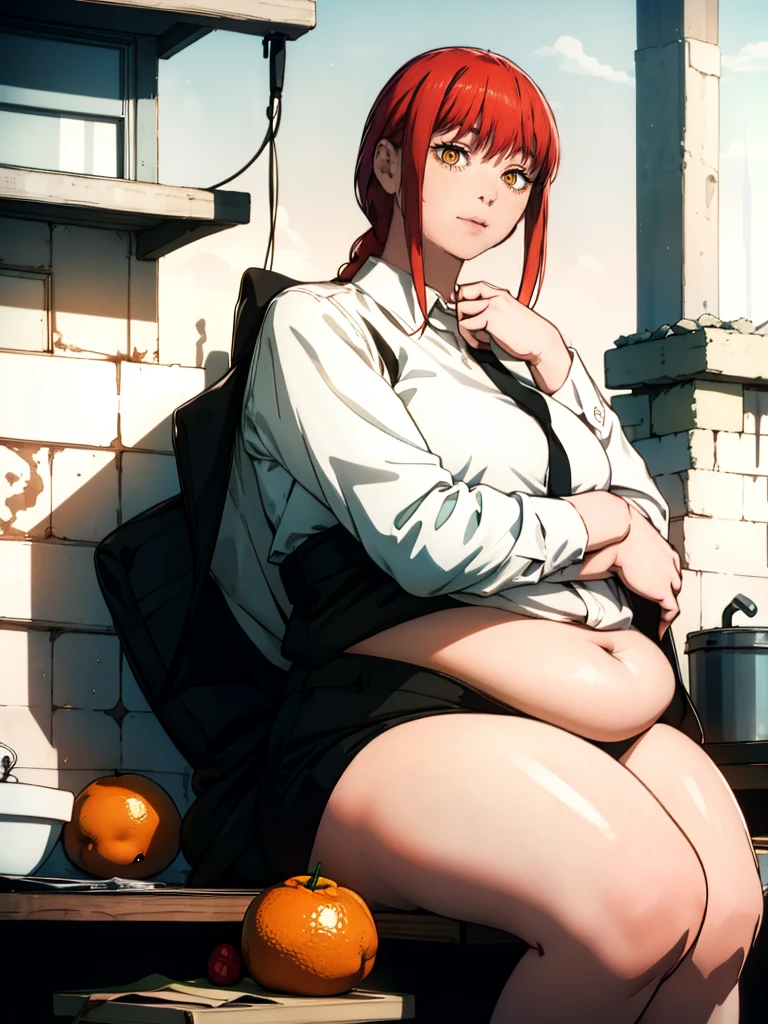 Le personnage Makima de la série animée Chainsaw Man, fragile, obésité morbide, ssbbw, pleine longueur (corps entier 1.1.), fond sombre, obscurité, anatomie correcte 1.1, anatomie correcte de la main, Très féminin, corps gras et rond, grosses Jambes, fesses, beau corps obèse, ventre rond et mou très gras, ventre visible, cheveux roux, Yeux oranges, Cercles rouges pour les écoliers, chemise blanche, jupe noire, cravate noire, pose sexy, réaliste, very détaillé, beau corps, détaillé body, détaillé hands, détaillé, vibrant, détaillé Face, Conception des personnages de Makima. very détaillé, détaillé body, détaillé hands, détaillé Face, Art animé, Hugh Détails, Visage très abattu, détaillé eyes, Illustration ultra fine, Meilleure ombre, détail fin, beautiful détaillé glow, beautiful détaillé, Extraordinairement beau, extremely détaillé, inexpressif, composition épique, Style animé. art animé, Style animé. Jupe noire, chemise blanche, cravatte, pose sexy