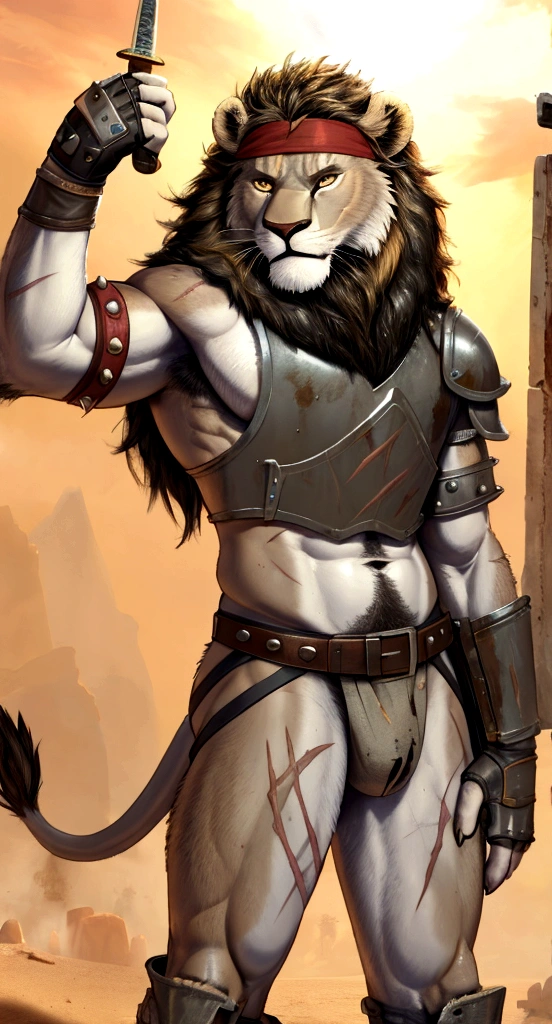 Solo Sexy anthro furry lion male mercenary medieval solider, slim endomorph muscular handsone model male apperance, headband, sword scars, worn out rusty skimpy armament, low on hips heavy leather belt, old very worn out skimpy dirty linen material jockstrap, old yellow dirty worn out stains on white jockstrap, studded skimpy armlets breastplate armor, skimpy breastplate, leather bondages, fingerless leather gloves, smelly unwashed furr, dirty body look, desert battlefield, standing in sexy fighting position, close view of full character