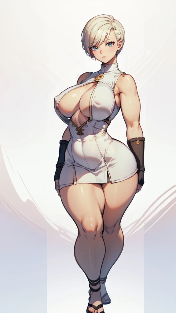 (masterpiece), best quality, female warrior, huge girl, female muscular:1.2, ((very short hair:1.6)), blonde hair, big breast, (curvy:1.8), (((blank background))), ((full body)), fingerless gloves, sandals, sleeveless, covered nipples, (underboobs:1.3), tshirt top, shaved hair, (buzzcut hairstyle), white socks