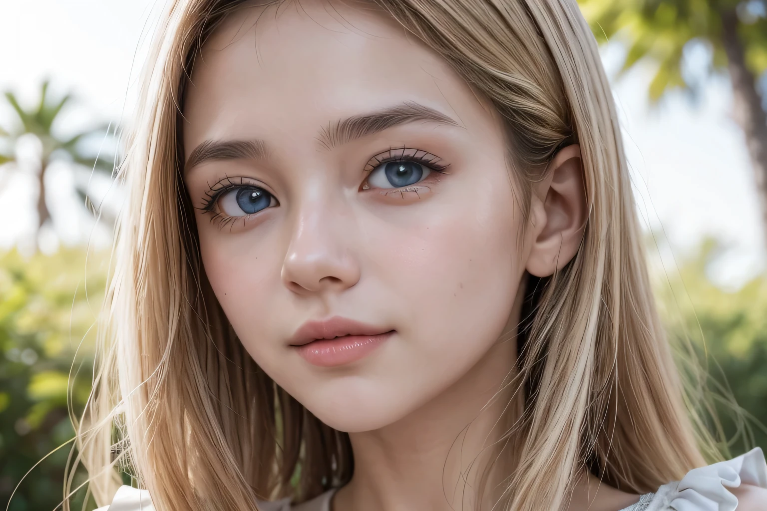 "Create a realistic image of an 18 year old girl with the following characteristics:
body hair: blond, long and smooth, with a slight natural shine. Hair should fall smoothly over the shoulders and slightly below.
muka: muka oval, with clear and healthy skin. Delicate features with slightly rosy cheeks. Large, expressive light blue eyes, with long, well-defined eyelashes.
nase: Small and slightly upturned.
gura: Full pink lips, com um leve sorriso.
eyebrows: Well-defined and a little darker than the hair.
tenue: Wear a light-colored blouse, Simpler, light and casual fabric. It can be a white or pastel blouse, com detalhes delicados, like lace or ruffles.
Accessories: Adicione um colar Simpler e pequeno, maybe with a discreet pendant. Don't use exaggerated accessories.
enviroment: neutral background, perhaps outdoors in a park or garden, with soft natural light, preferably during the day. Add some natural elements to the background, like trees and flowers, but keep the focus on the young lady.
Expression: Friendly and confident appearance, with a relaxed posture. Os olhos devem transmitir vivacidade e alegria
352180885 "