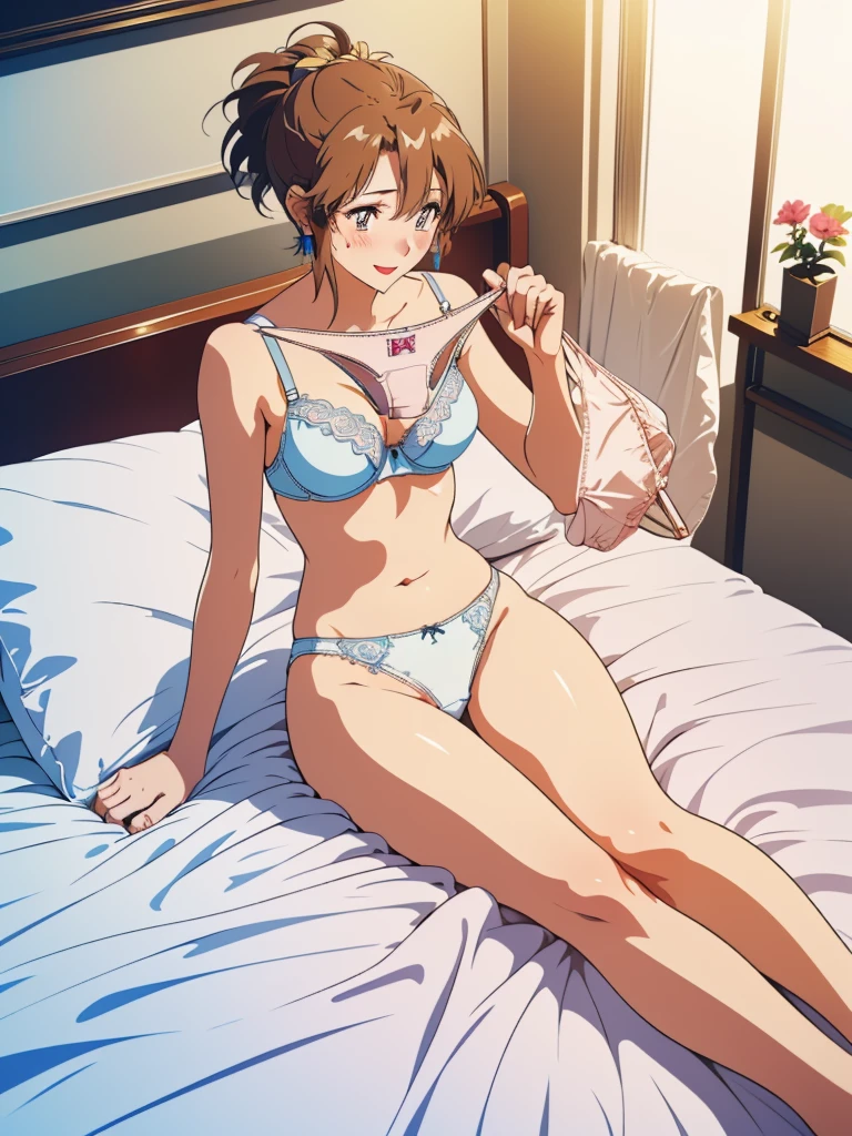 masterpiece, top quality, ultra detailed, ((((AIKA_SUMERAGI, folded ponytail, best anatomy, in underwear, (panties, elaborately designed luxury panties for adults, panties high definition images, draw panties with super precision), lace trimmed bra, extremely detailed texture, earrings, red lip, embarrassed, blush, smile)))), cowboy shot, (((underwear in bed room))), white skin, (presenting panties), (display panties),holding panties with both hands,(panties taken off:1.5), (panties are on bed:2.0), from above