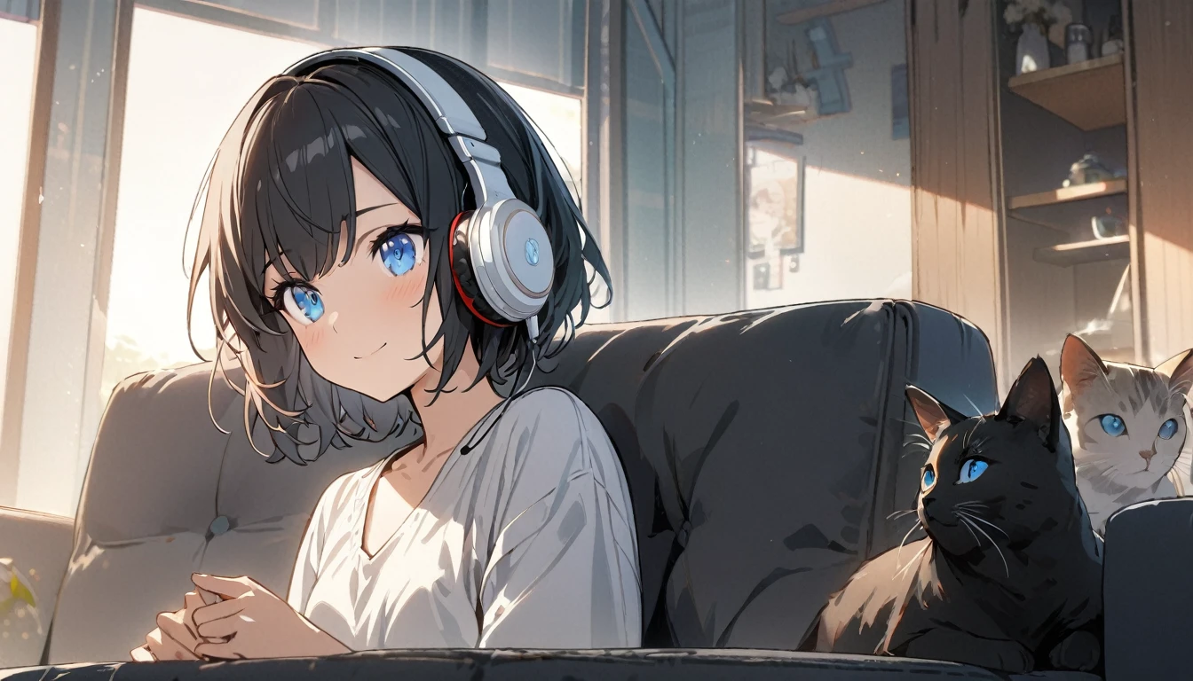 1girl, solo, gentle smile on her face flat chest, short hair, blue eyes, (detailed eyes), black hair, upper body, ((masterpiece, illustration, best quality)) ((best quality)), ((masterpiece)), (detailed), Beautiful girl sitting on the sofa listening to music on headphones and looking outside,With cats