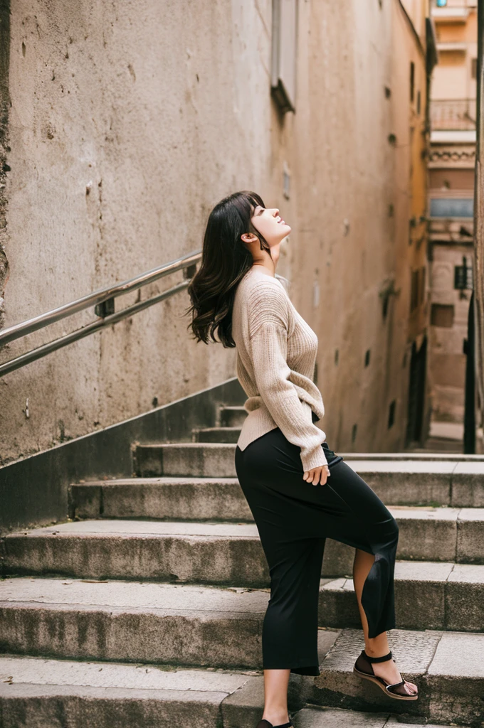 realisticlying、rome, Italy、Depiction of a 20-year-old woman looking up from below、tight sweater、Wearing an extra-thin tight-fitting long skirt、posterior view、Stair climbing、Sexy Posing、