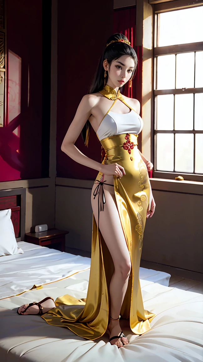 A very beautiful female empress, with a young face, with slender body with pearly white skin, with slender muscular body, but well proportioned, with cracked abdomen, yellow  eyes, short gray white hair, silver and platinum. perfectly shaped waist, fleshy but sensual legs. Traditional Chinese imperial clothing dress decorated in gold with black details, red hanafuda earrings, with red transparent skirt, gold and black alloys, black string sandal. Kneeling on a bed in an ancient Chinese room with flashes of light from the background window reflecting off her body, sexly. High definition.Sexy anime in 4K, full-body photos, sensual poses,hot body