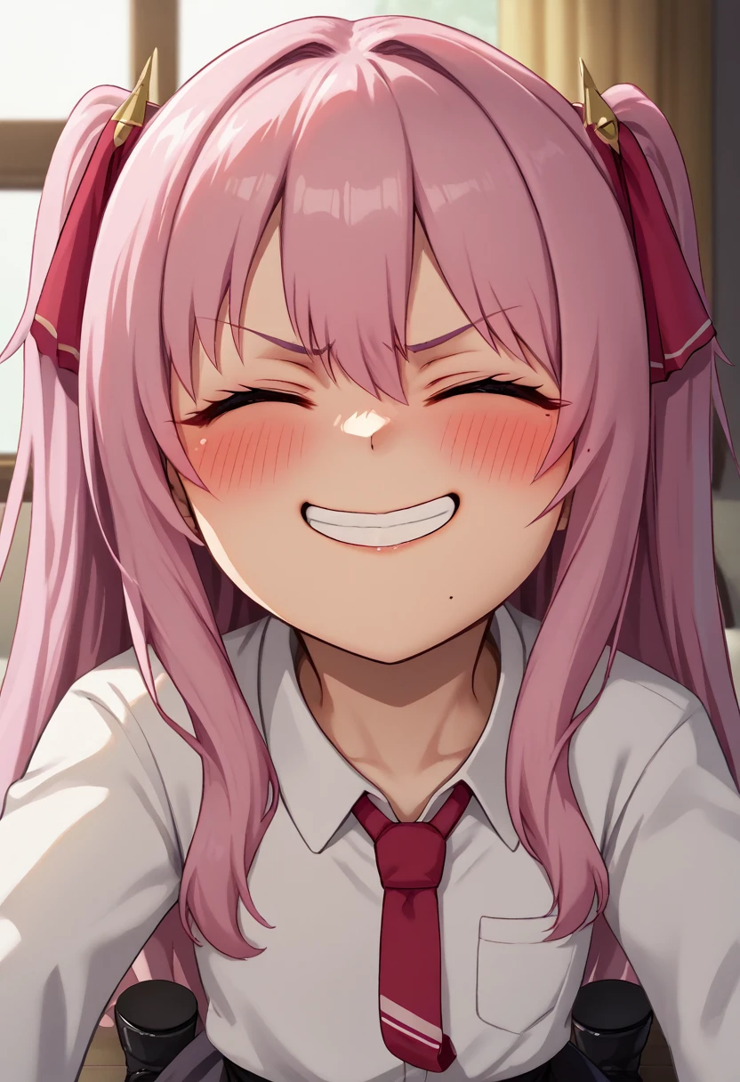 score_9, score_8_up, score_7_up, source_anime, BREAK 1girl, yunidef, purple eyes, pink hair, long hair, two side up, , hair ornament, mole under mouth, pink necktie, indoors, , pov, , black footwear, blush, evil grin,, smile,, crazy smile, close up, blush,  , room, , angry, closed eyes, side, on side, neck, swallow, closed mouth, swallowing,