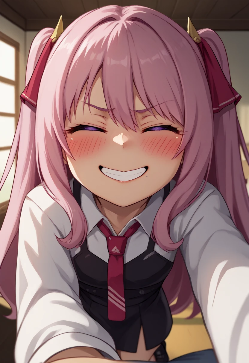 score_9, score_8_up, score_7_up, source_anime, BREAK 1girl, yunidef, purple eyes, pink hair, long hair, two side up, , hair ornament, mole under mouth, pink necktie, indoors, , pov, , black footwear, blush, evil grin,, smile,, crazy smile, close up, blush,  , room, , angry, closed eyes, side, on side, neck, swallow, closed mouth, swallowing,