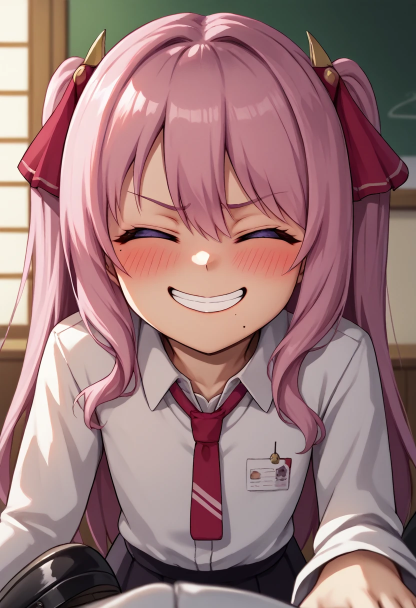 score_9, score_8_up, score_7_up, source_anime, BREAK 1girl, yunidef, purple eyes, pink hair, long hair, two side up, , hair ornament, mole under mouth, pink necktie, indoors, , pov, , black footwear, blush, evil grin,, smile,, crazy smile, close up, blush,  , room, , angry, closed eyes, side, on side, neck, swallow, closed mouth, swallowing,