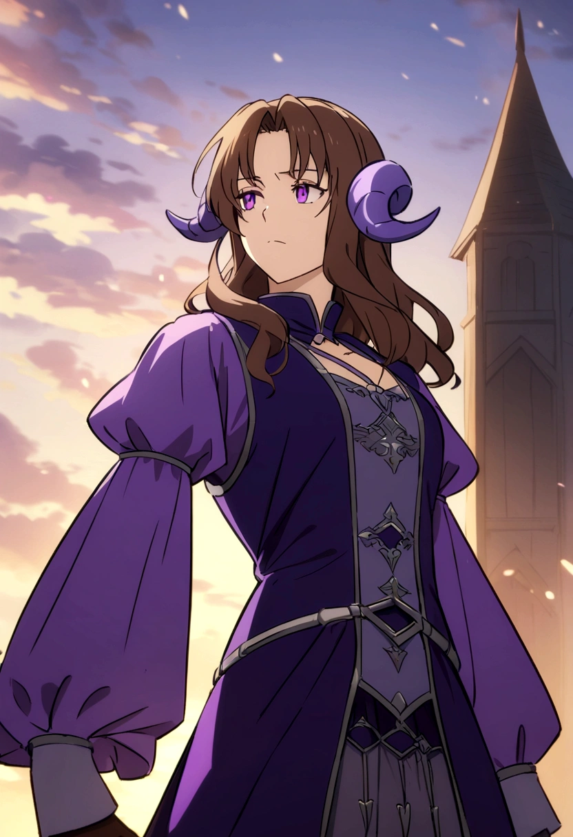 Make an anime character with medium wavy brown hair, purple eyes, that has purple goat horns and purple medieval style clothing