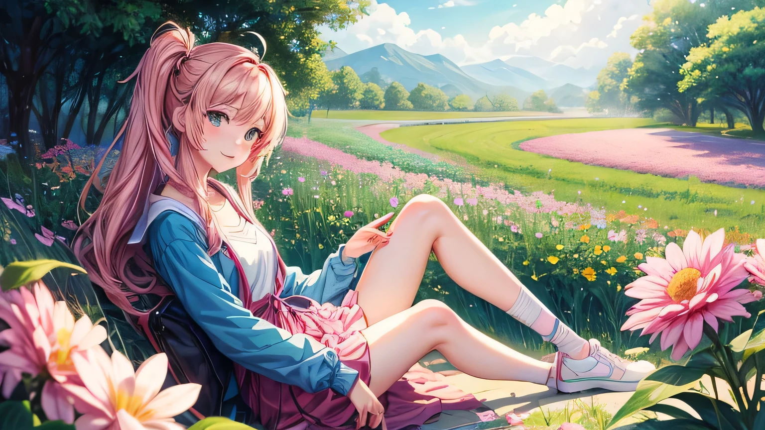 Anime girl in the anime style of the 80s sitting in a field of flowers and looking at the camera, smiling. pastel-colored