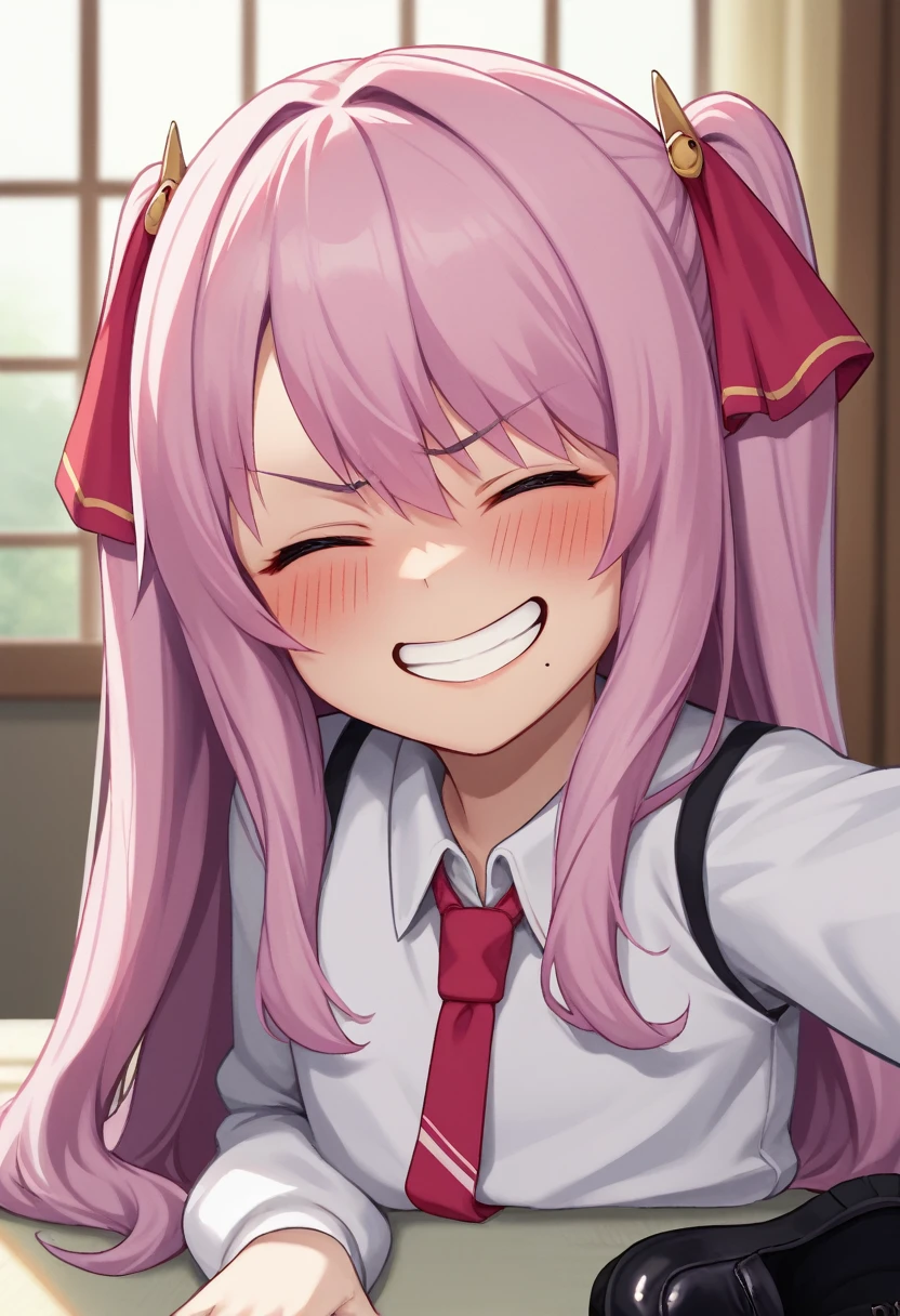 score_9, score_8_up, score_7_up, source_anime, BREAK 1girl, yunidef, purple eyes, pink hair, long hair, two side up, , hair ornament, mole under mouth, pink necktie, indoors, , pov, , black footwear, blush, evil grin,, smile,, crazy smile, close up, blush, , room, , angry, closed eyes, side, on side, neck, swallow, closed mouth, swallowing,
