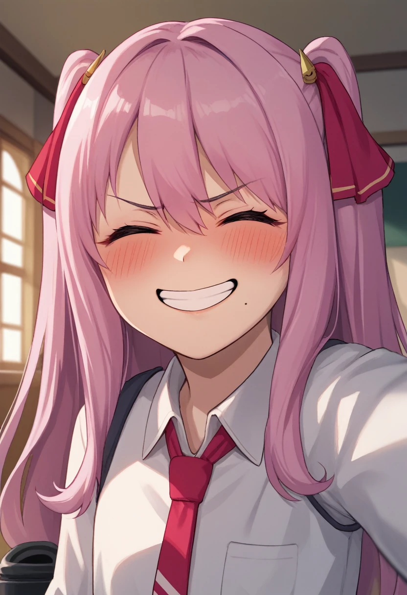 score_9, score_8_up, score_7_up, source_anime, BREAK 1girl, yunidef, purple eyes, pink hair, long hair, two side up, , hair ornament, mole under mouth, pink necktie, indoors, , pov, , black footwear, blush, evil grin,, smile,, crazy smile, close up, blush, , room, , angry, closed eyes, side, on side, neck, swallow, closed mouth, swallowing,
