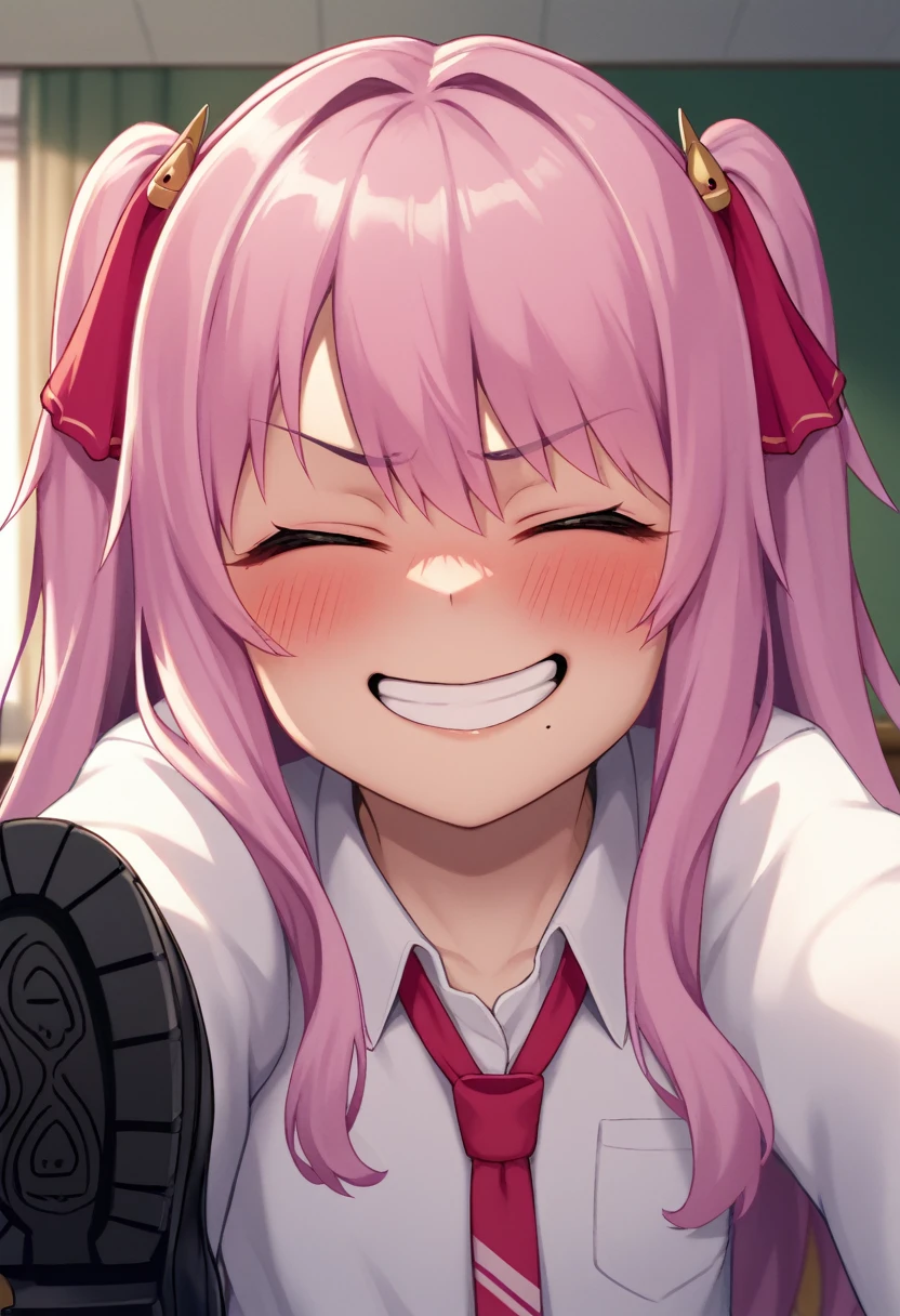 score_9, score_8_up, score_7_up, source_anime, BREAK 1girl, yunidef, purple eyes, pink hair, long hair, two side up, , hair ornament, mole under mouth, pink necktie, indoors, , pov, , black footwear, blush, evil grin,, smile,, crazy smile, close up, blush, , room, , angry, closed eyes, side, on side, neck, swallow, closed mouth, swallowing,
