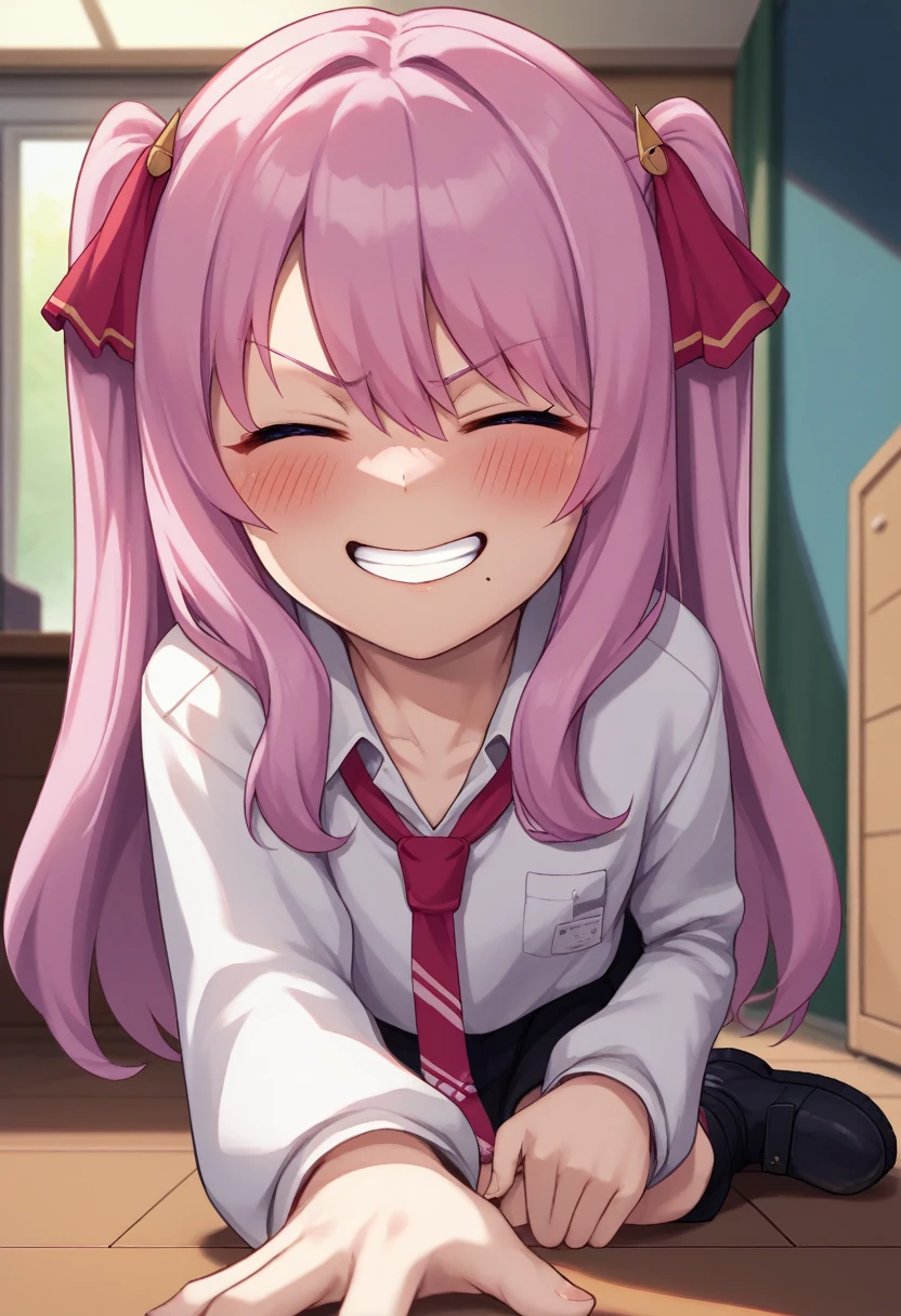 score_9, score_8_up, score_7_up, source_anime, BREAK 1girl, yunidef, purple eyes, pink hair, long hair, two side up, , hair ornament, mole under mouth, pink necktie, indoors, , pov, , black footwear, blush, evil grin,, smile,, crazy smile, close up, blush, , room, , angry, closed eyes, side, on side, neck, swallow, closed mouth, swallowing,
