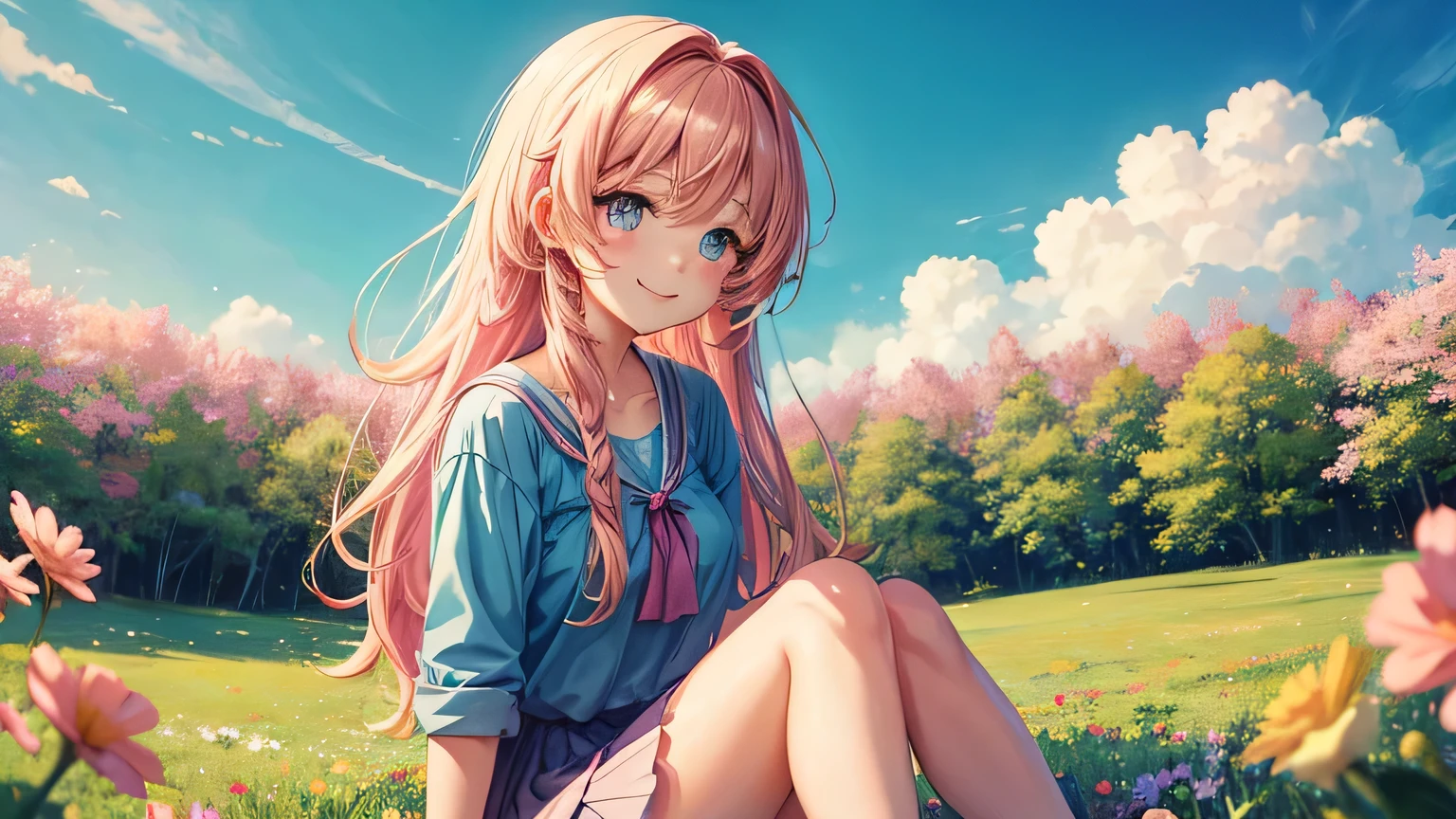 Anime girl in the anime style of the 80s sitting in a field of flowers and looking at the camera, smiling. pastel-colored