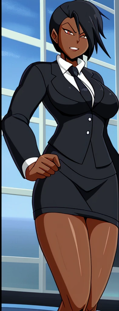Anime Evil black skinned business woman in a skirt suit