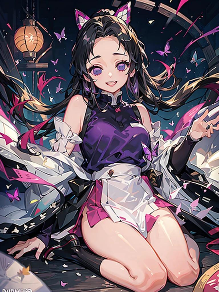 Full body photo shinobu kocho from demon slayer anime, at a Japanese royal palace room, beautiful woman, smiling, close eyes, dimples, sedutice expression, sexy dress, purple aura, butterfly wings, cute small