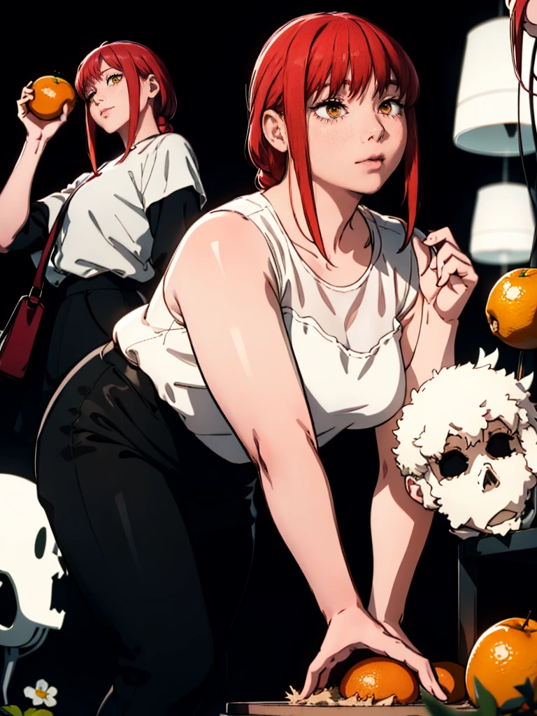 Le personnage Makima de la série animée Chainsaw Man, fragile, obésité morbide, ssbbw, pleine longueur (corps entier 1.1.), fond sombre, obscurité, anatomie correcte 1.1, anatomie correcte de la main, Très féminin, corps gras et rond, grosses Jambes, fesses, beau corps obèse, ventre rond et mou très gras, ventre énorme et gras, tres grosse, obésité, cheveux roux, Yeux oranges, Cercles rouges pour les écoliers, chemise blanche, jupe noire, cravate noire, pose sexy, réaliste, very détaillé, beau corps, détaillé body, détaillé hands, détaillé, vibrant, détaillé Face, Conception des personnages de Makima. very détaillé, détaillé body, détaillé hands, détaillé Face, Art animé, Hugh Détails, Visage très abattu, détaillé eyes, Illustration ultra fine, Meilleure ombre, détail fin, beautiful détaillé glow, beautiful détaillé, Extraordinairement beau, extremely détaillé, inexpressif, composition épique, Style animé. art animé, Style animé. Jupe noire, chemise blanche, cravatte, pose sexy, ssbbw