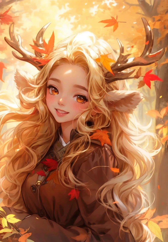 a ((brown skin)) young woman with long blonde hair and a deer antlers on her head,  (((one anter is broken ))), in a forest, cute, cute, smiling , full length happy,cute, open eye,gold eyes,sitting in the forest beautiful spring spirit, goddess of spring, style artgerm, seasons!! : 🌸 ☀ 🍂 ❄, artgerm anime girl with long hair, extremely detailed art germ, artgerm and atey ghailan, satyr fur legs