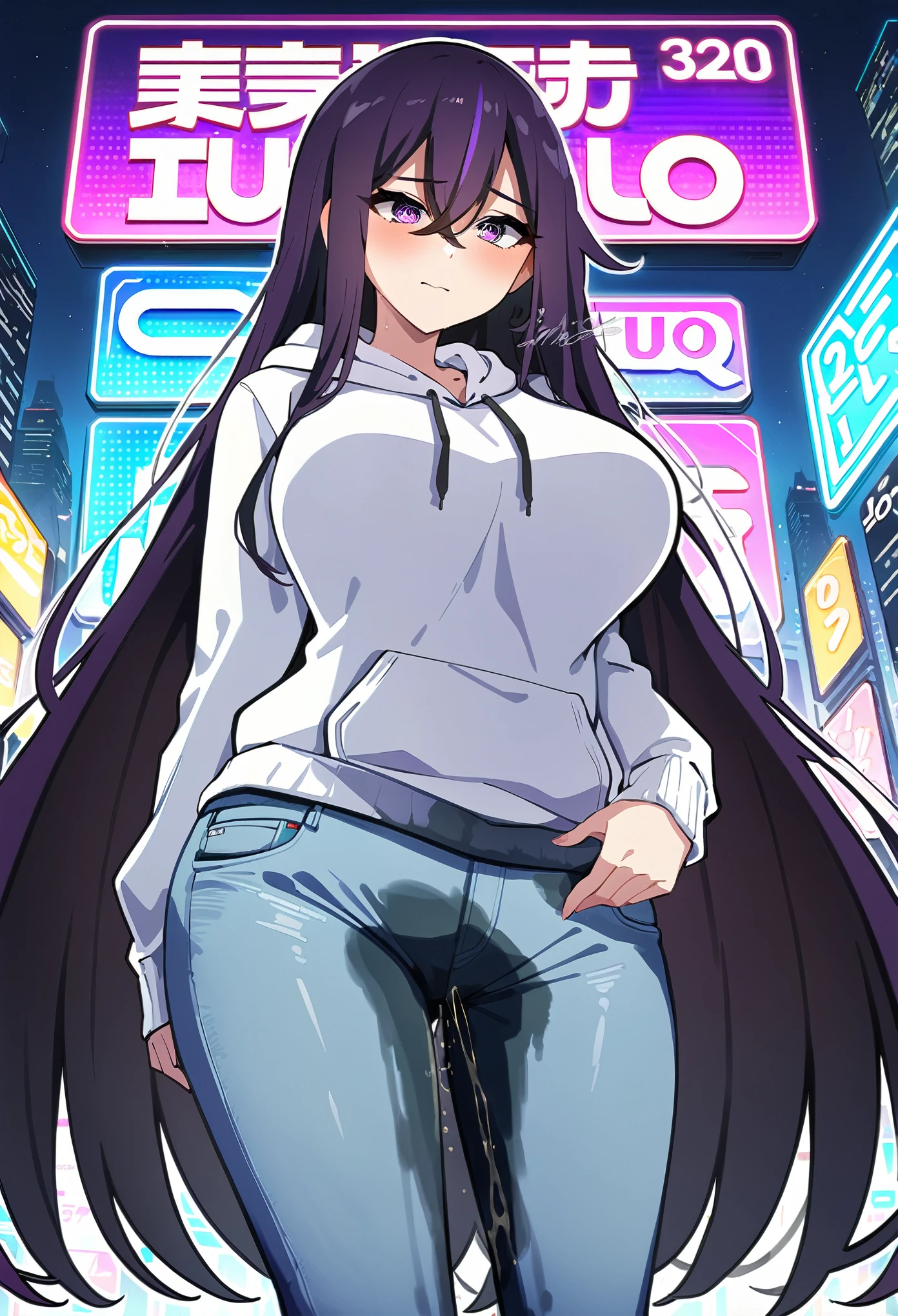 (masterpiece:1.37), best quality, (extremely detailed:1.37), woman, mature, adult, large breasts, (very long hair:1.5), dark purple hair, purple eyes, (extremely detailed eyes:1.37), hoodie, jeans, desperation, (wetting: self 3.0), standing, city, futuristic, neon lighting, high-tech