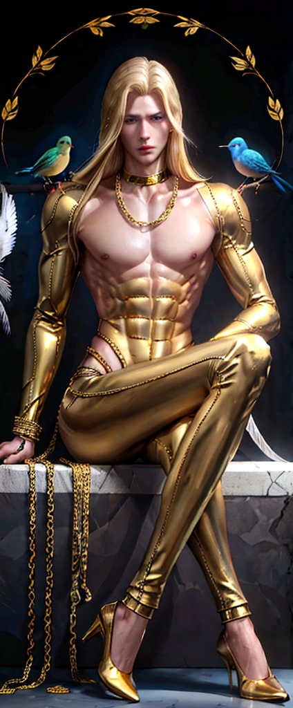 (masculine, man) (just one model) (android) (blonde hair that reaches to the heels) (Blue eyes) (Slim and toned body) (She wears a tight brown bodysuit with gold details.) (laboratory background) (holding a bird in his hands) (very long hair that reaches to the heels) (man android con pájaros alrededor) (sitting with a bird perched on his hand) (with gold chains on their wrists)