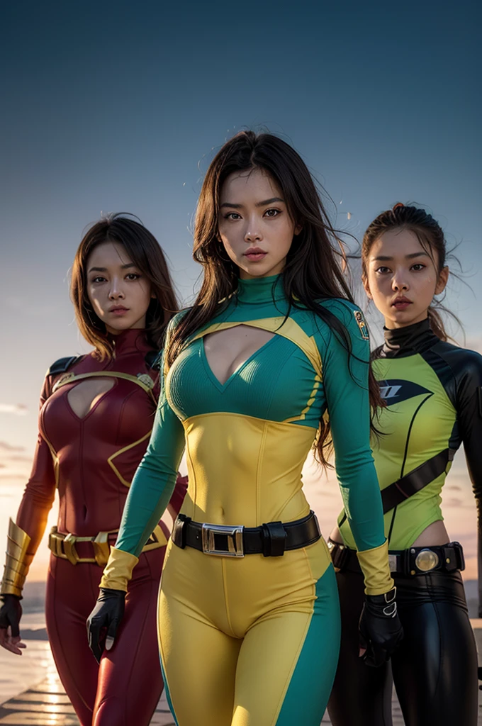 A brave and courageous image of a 6 member ranger team, Each one is decorated in vibrant colors such as:: Neon Pink, Sunset Orange, Fire engine red, plasma violet, Fluorescent Green, shocking yellow. Dynamic poses in a background that exudes energy and courage, Embodying the essence of the classic Sentai superhero team. Each Ranger:: The attire is sophisticated and modern, Each color has elements that reflect its theme., Ready for action. ((Camel Toe))