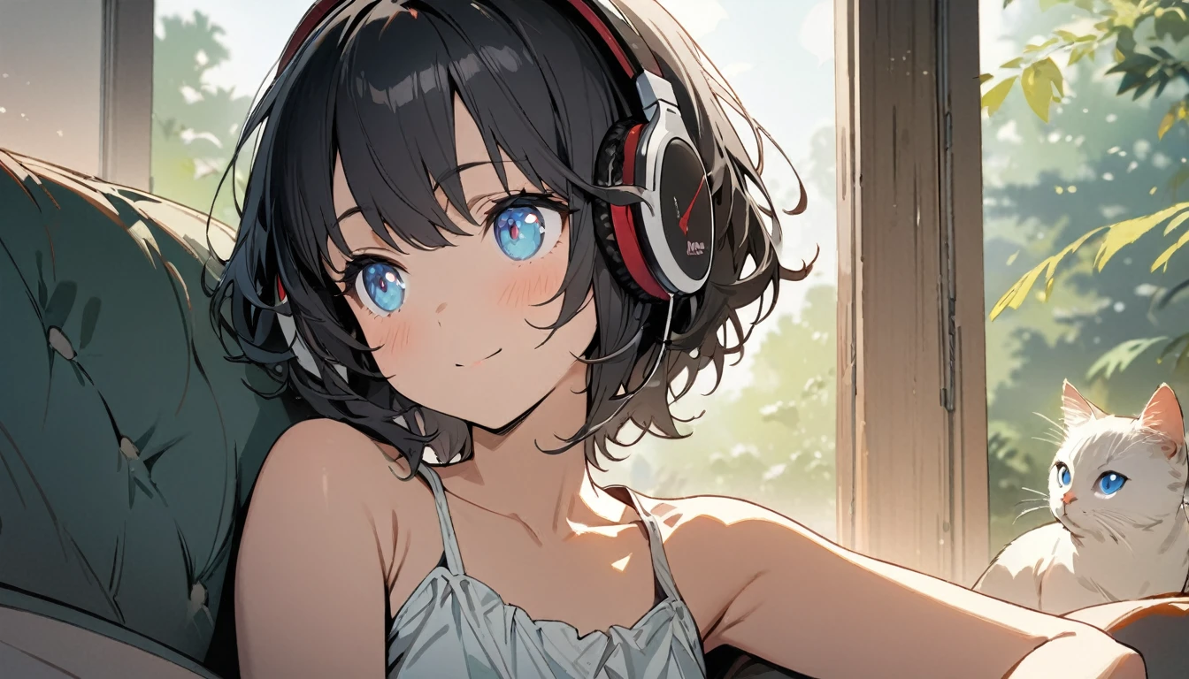 1girl, solo, gentle smile on her face flat chest, short hair, blue eyes, (detailed eyes), black hair, upper body, ((masterpiece, illustration, best quality)) ((best quality)), ((masterpiece)), (detailed), Beautiful girl sitting on the sofa listening to music on headphones and looking outside,With cats