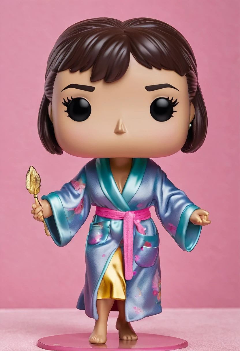 Funko pop with straight dark brown hair, bangss, pink satin bathrobe with feathers, with her box named after Amelie Beatrice