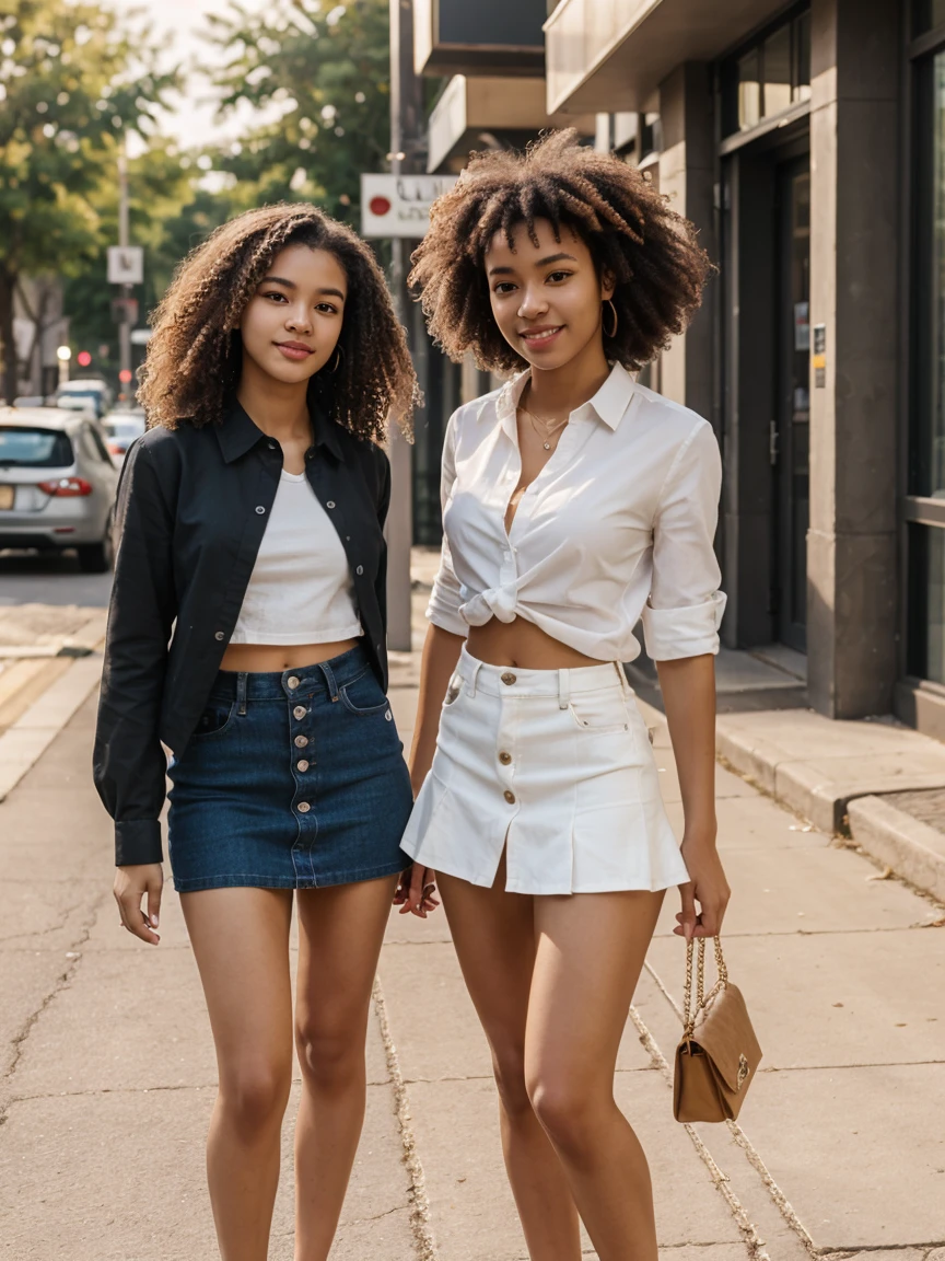 all-body , beautiful face, curly hair,Warm light and clear complexion, afroamerican, detailded, ultra quality, light CHEST, cute, adorable, white shirt and miniskirt standing on the street with a friend