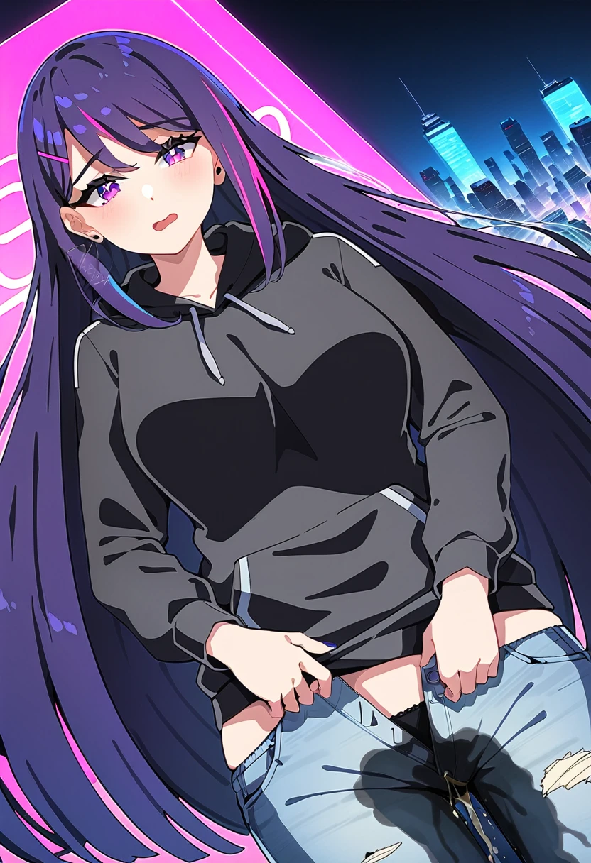 (masterpiece:1.37), best quality, (extremely detailed:1.37), woman, mature, adult, large breasts, (very long hair:1.5), dark purple hair, purple eyes, (extremely detailed eyes:1.37), hoodie, jeans, desperation, (wetting: self 3.0), standing, city, futuristic, neon lighting, high-tech