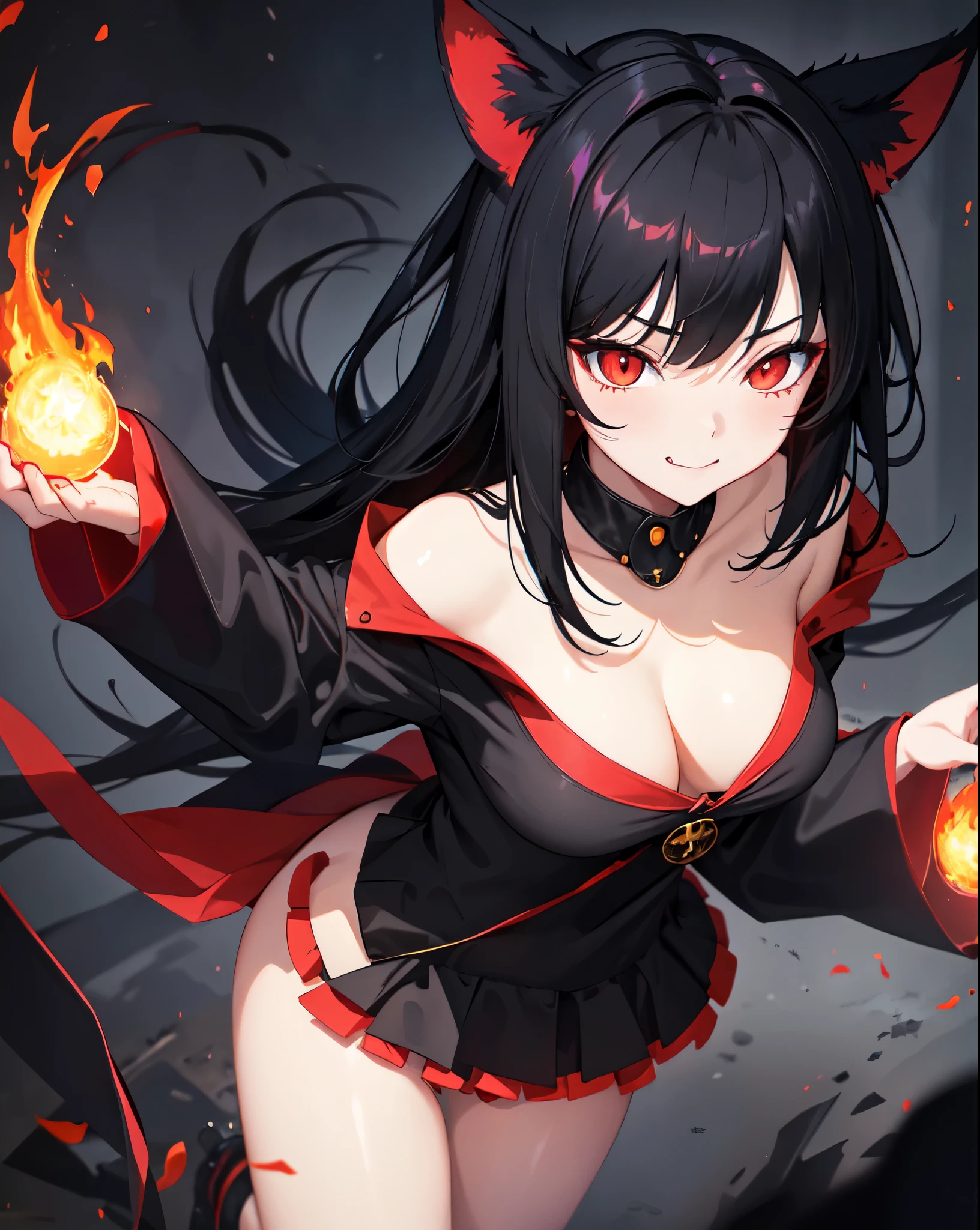 1girl, black hair, neko ears, red eyes, fire witch, fire from bare hands, loose clothes, bare shoulders, blood, light particles, light rays, wallpaper, high contrast, colorful, black cat tail, sexy witch pose, scenery, anime, smirk
