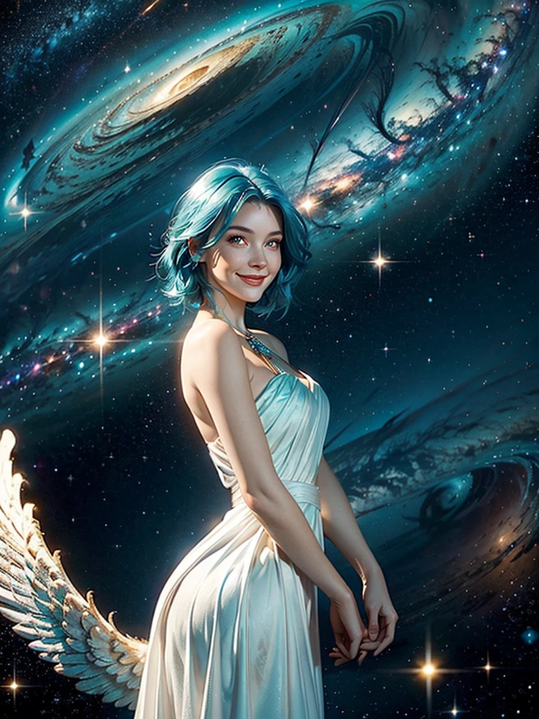 a beautiful woman with aqua blue hair, red eyes, smiling, with angel wings, surrounded by a golden halo, wearing a white dress, standing upright in outer space, with the milky way galaxy and distant stars in the background, detailed portrait