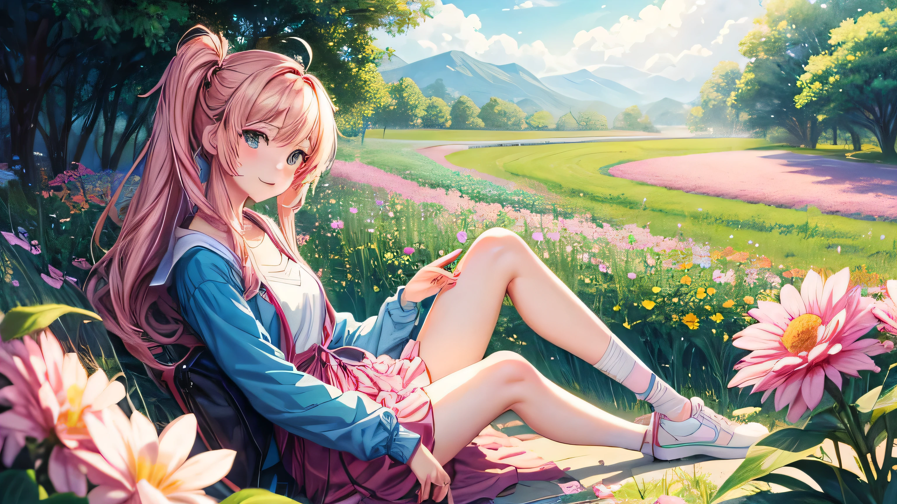 Anime girl sitting on a bench in a field of flowers - SeaArt AI