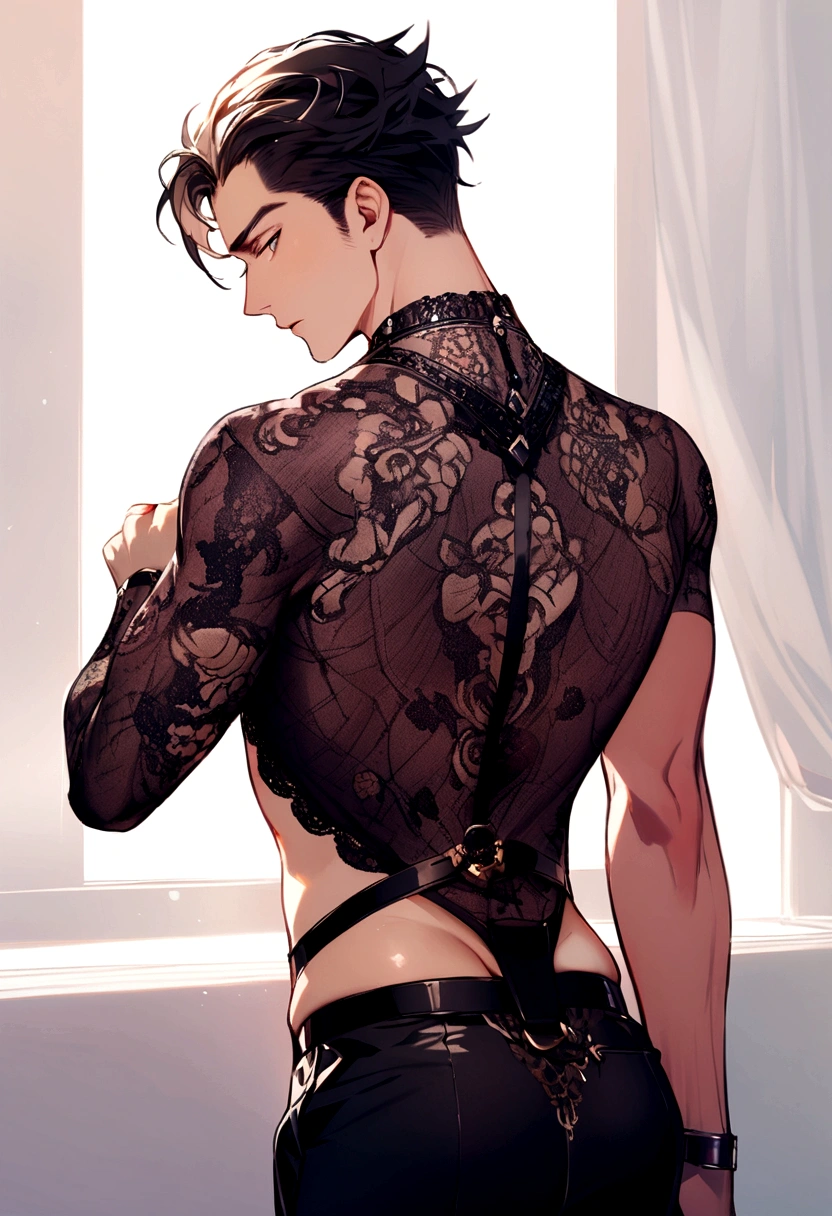 Boy in jockstrap turning his back.