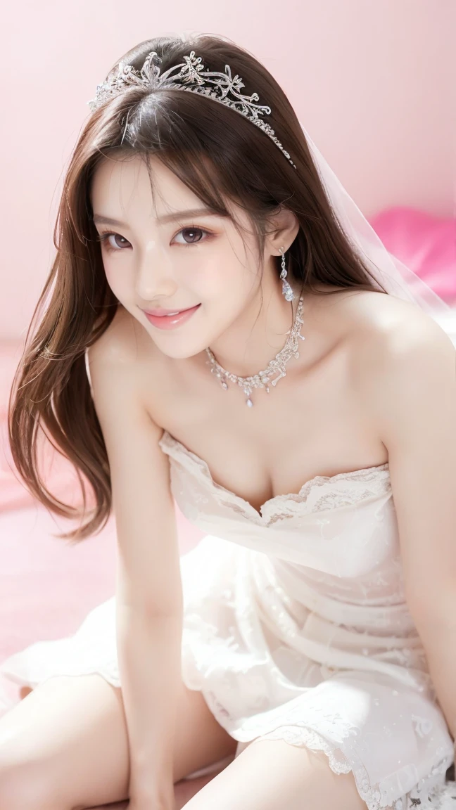 (Highest quality、Tabletop、8K、Best image quality、Award-winning works)、One beautiful bride、(alone:1.1)、(The most extravagant and gorgeous huge pure white wedding dress:1.1)、(Perfect Wedding Lace:1.2)、(The most gorgeous and luxurious giant tiara:1.1)、(The most extravagant and luxurious giant necklace:1.1)、あなたの最高の笑顔で私をplease look、The finest jewellery decoration、Perfect Makeup、Long eyelashes、Ultra HD Shining Eyes、Ultra HD Hair、Ultra-high resolution glossy lips、Ultra High Resolution Perfect Teeth、Super high resolution beautiful face、(Accurate anatomy:1.1)、Very bright and beautiful skin、very bright and vivid、Perfect beautiful bridal hairstyles、(Front facing body:1.1)、(Solid pink background:1.2)、Cleavage、nude、(The 肖像画 was taken from above the lying body: 1.3)、(( M-shaped legs spread, please look )))), (Show me your legs spread wide: 1.5), Real nipples, real open, (女性のマンコ汁がカメラにsquirtしている:1.2), Beautiful 20 year old Japanese girl, Stimulating the clitoris, masturbating and fingering, orgasm, Detailed facial features,(Front view), (squirt from pussy:1.2), (squirt:1.2), Remove the shoulder straps to expose your chest, (Showing realistic beautiful nipples:1.5)