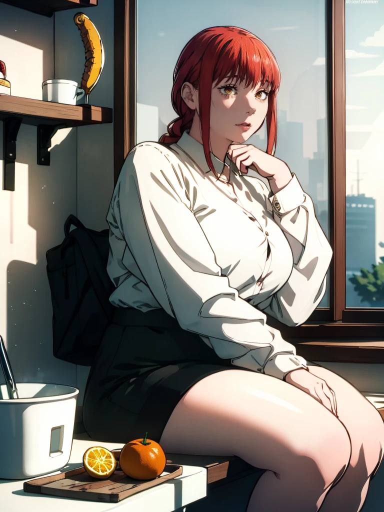 Le personnage Makima de la série animée Chainsaw Man, fragile, obésité morbide, ssbbw, pleine longueur (corps entier 1.1.), fond sombre, obscurité, anatomie correcte 1.1, anatomie correcte de la main, Très féminin, corps gras et rond, grosses Jambes, fesses, beau corps obèse, ventre rond et mou très gras, cheveux roux, Yeux oranges, Cercles rouges pour les écoliers, chemise blanche, jupe noire, cravate noire, pose sexy, réaliste, very détaillé, beau corps, détaillé body, détaillé hands, détaillé, vibrant, détaillé Face, Conception des personnages de Makima. very détaillé, détaillé body, détaillé hands, détaillé Face, Art animé, Hugh Détails, Visage très abattu, détaillé eyes, Illustration ultra fine, Meilleure ombre, détail fin, beautiful détaillé glow, beautiful détaillé, Extraordinairement beau, extremely détaillé, inexpressif, composition épique, Style animé. art animé, Style animé. Jupe noire, chemise blanche, cravatte, pose sexy