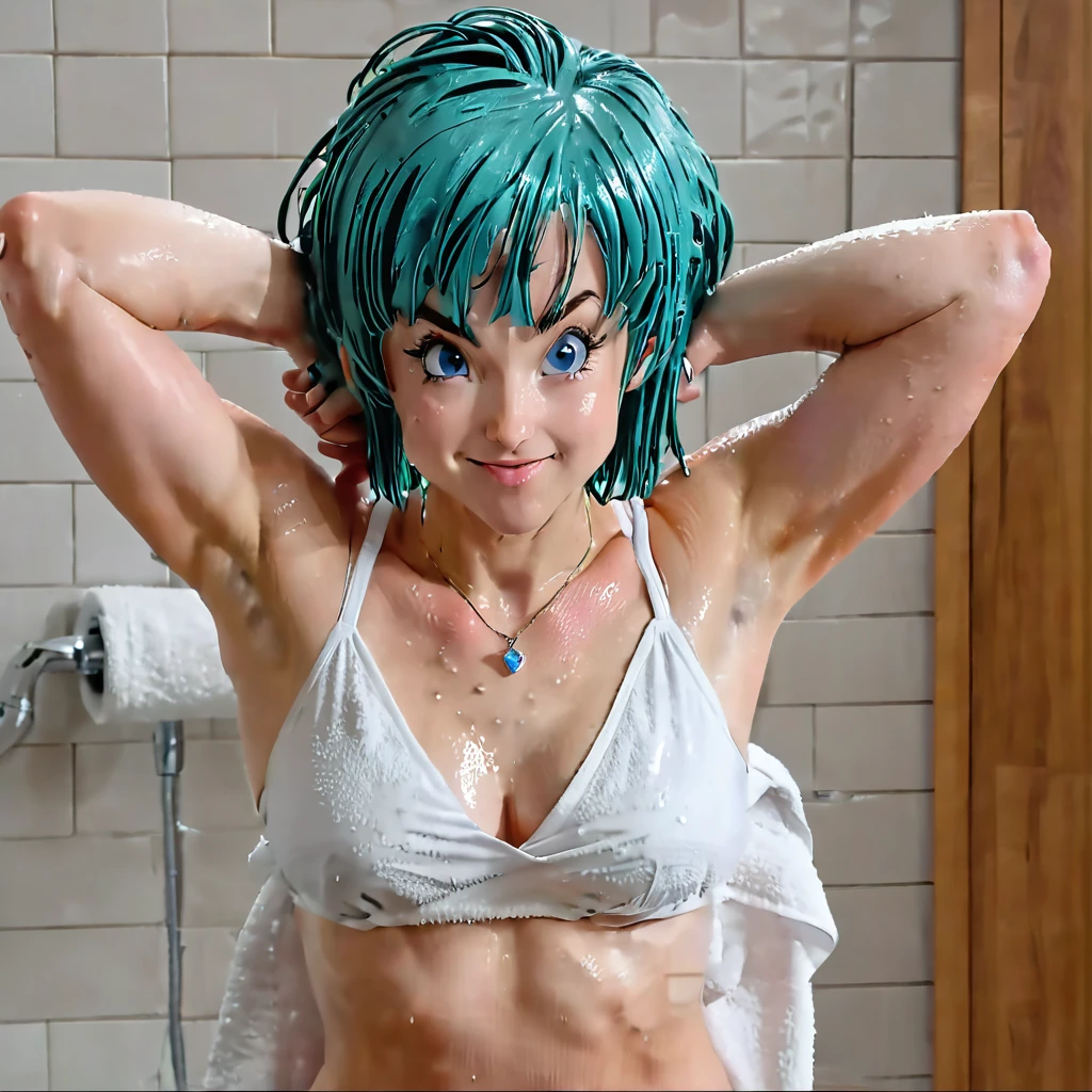 ((best quality)), ((masterpiece)), (detailed), 1girl, source_anime, score_9, score_8_up, score_7_up, anime screencap, full view, buu saga, aqua hair, very short hair, bowl cut, blue eyes, muscular female, big muscles, wearing a magical necklace around her neck, wearing bath towel, wet hair, indoors, bathroom, wet skin, She couldn't help but strike a sassy pose, hands on hips, her blue eyes glinting mischievously as a playful smile tugged at the corners of her lips.
