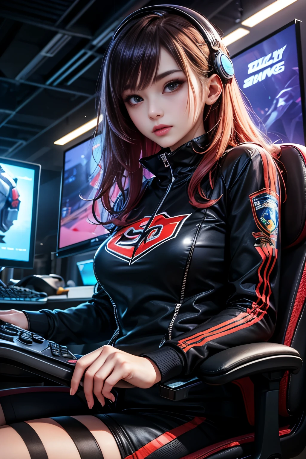 Highest quality, Super quality, 16K, Incredibly absurd, Very detailed, 2.5D, delicate and dynamic, Movie Scenes, official, Poster Design, e-sports, Tokyo, Indoor Stage, , Gaming PC, Gaming, head set, Big screen, Flashy lighting, psychedelic, gaming chair, PC monitors , , Small face, Extremely delicate facial expression, Delicate eye depiction, Upper body close-up, erotic, sole sexy lady, healthy shaped body, 25 years old lady, Cool woman, 170cm tall, big firm bouncing busts, E-sports players, Flashy shirts, Game character cosplay, Logo on the back, A complex costume, Glamorous costumes, hot pants, , sneakers, Alluring, LOL, Play PC games, gaming chairに座る