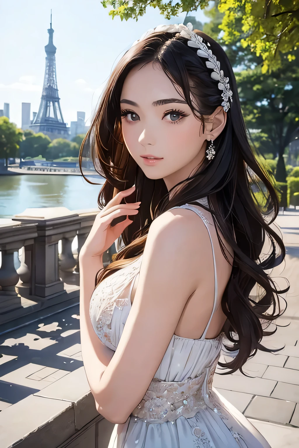 Highest quality、High resolution、Detailed Background、(Beautiful face in every detail:1.4)、Anatomically correct、(Detailed facial expressions)、age beauty、(Highly detailed face:1.2)、(Huge breasts:1.2)、Cute hair colour、Braided long hair、Wavy Hairstyle、well-groomed eyebrows、Perfect body line、Cute Eye Makeup、Cute Lip Makeup、Calm and elegant look、Tokyo Tower、Eiffel Tower in Paris、New York's Central Park、
(Beautiful model girl on the background of landmarks:1.5)、
Famous landmarks and structures、
A beautiful woman with an elegant and refined appearance、Dresses and summer dresses、Long skirts, etc.、
Wear glamorous and elegant fashion、
Walking slowly or standing gracefully with landmarks in the background、
Strike a pose that matches the atmosphere of the place.、
The camera angle is a composition that highlights the model's charm, such as a full-body shot or a close-up of the upper body.、
The lighting and color grading create an urban and romantic impression.、so beautiful