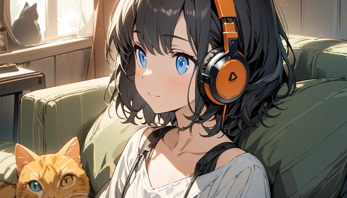1girl, solo, gentle smile on her face flat chest, short hair, blue eyes, (detailed eyes), black hair, upper body, ((masterpiece, illustration, best quality)) ((best quality)), ((masterpiece)), (detailed), Beautiful girl sitting on the sofa listening to music on headphones and looking outside,With cats