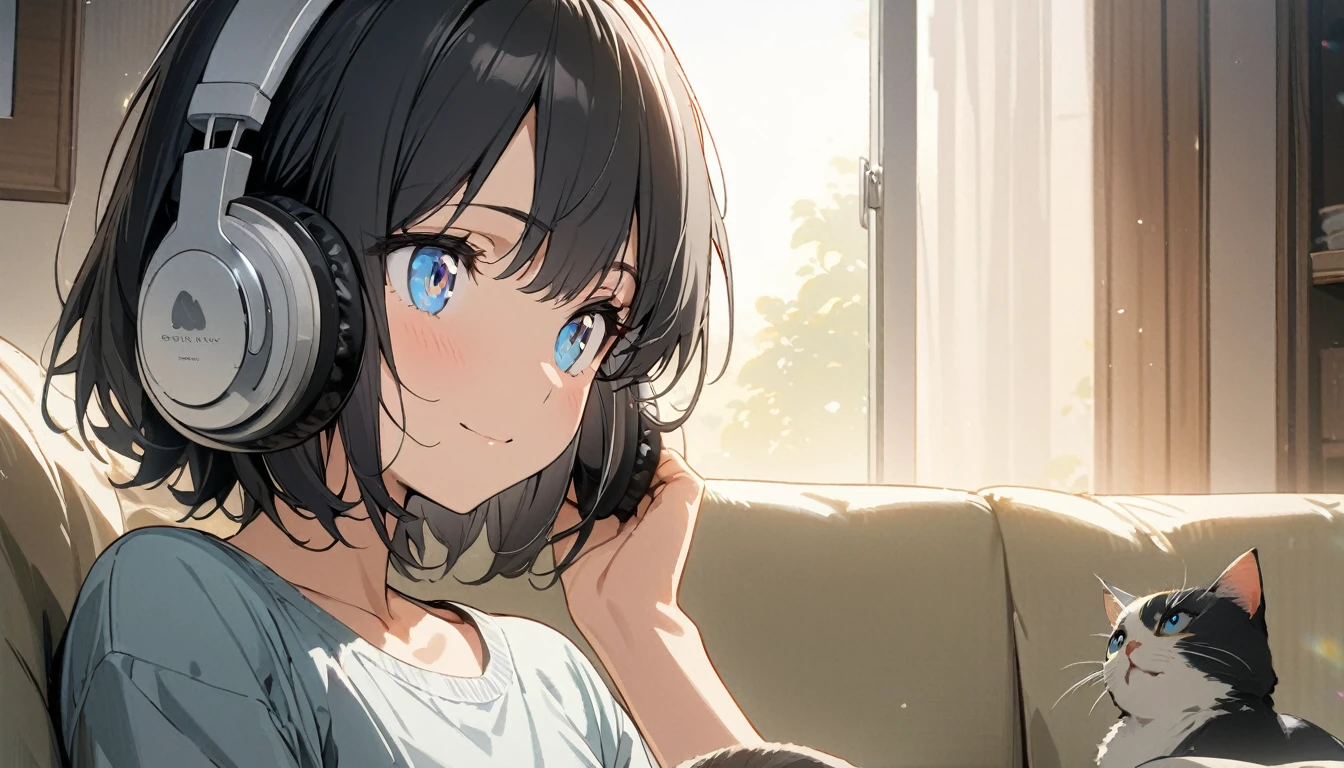 1girl, solo, gentle smile on her face flat chest, short hair, blue eyes, (detailed eyes), black hair, upper body, ((masterpiece, illustration, best quality)) ((best quality)), ((masterpiece)), (detailed), Beautiful girl sitting on the sofa listening to music on headphones and looking outside,With cats