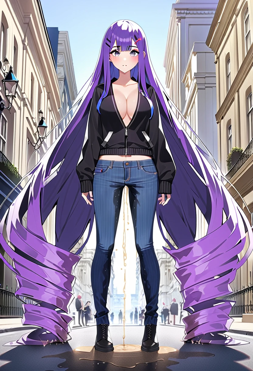 (masterpiece:1.37), best quality, (extremely detailed:1.37), woman, (very long hair:1.5), (dark purple hair:1.5), purple eyes, (extremely detailed eyes:1.37), standing, (wetting self:1.5), large breasts, stylish jacket, multicolored jackt, jeans, cleavage, navel, city, high-tech, street, full body
