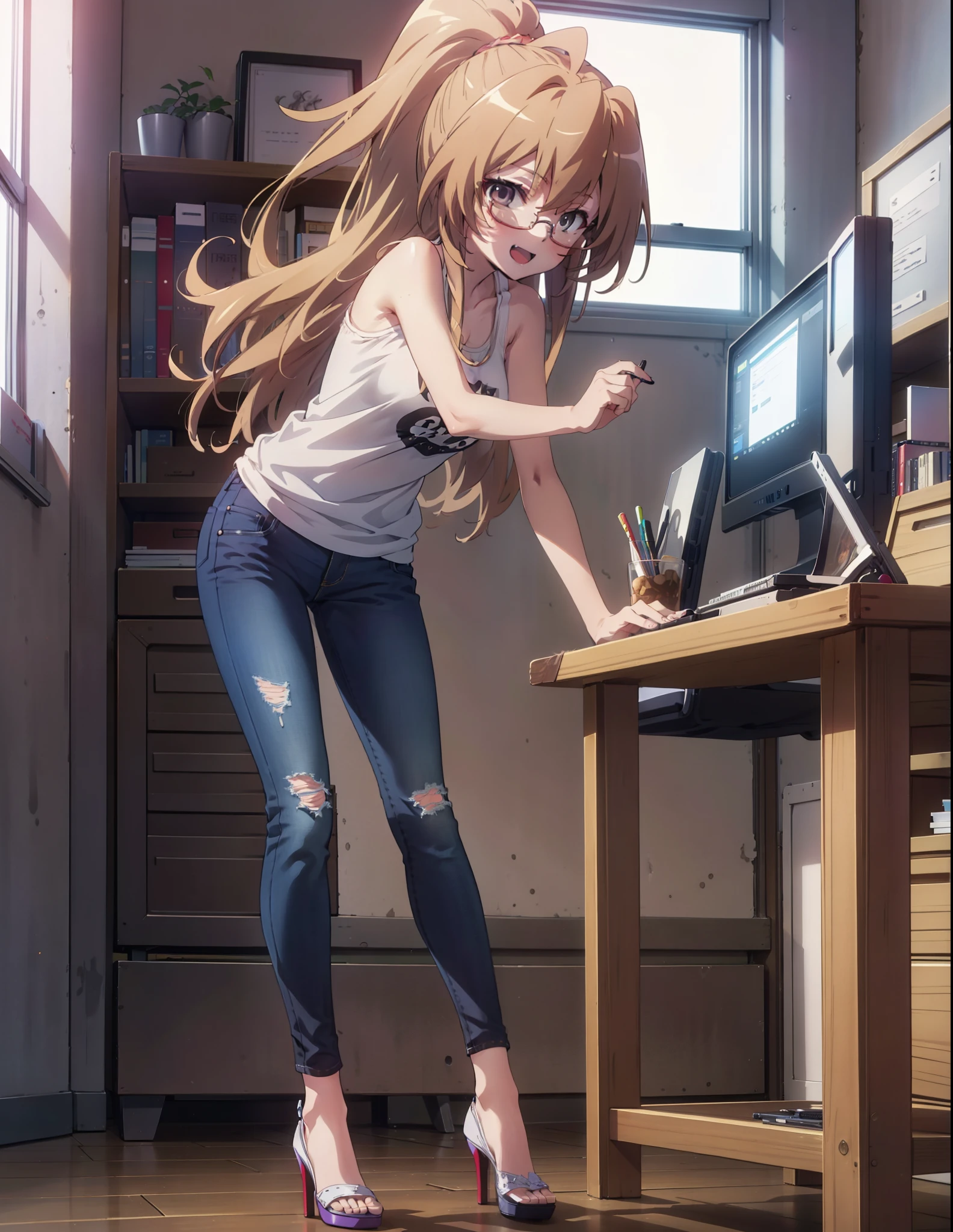 taiga aisaka, taiga aisaka, Long Hair, Brown Hair, Brown eyes,happy smile, smile, Open your mouth,ponytail,Glasses,Brown tank top,Skinny jeans,Stiletto heels,There is a computer on the table,interior,Chair,Are standing,whole bodyがイラストに入るように,
break indoors, office,
break looking at viewer, whole body,
break (masterpiece:1.2), Highest quality, High resolution, unity 8k wallpaper, (shape:0.8), (Beautiful attention to detail:1.6), Highly detailed face, Perfect lighting, Highly detailed CG, (Perfect hands, Perfect Anatomy),