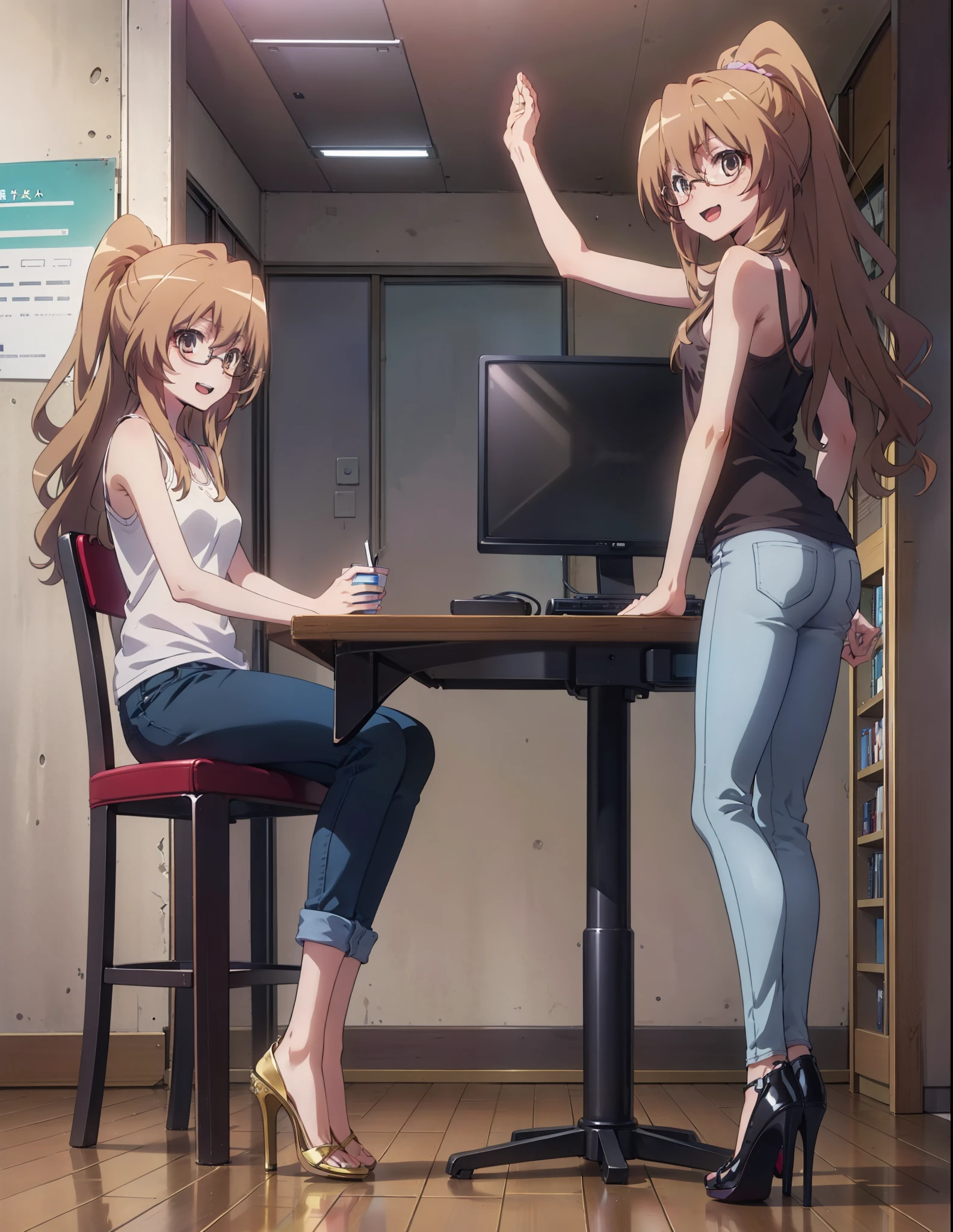 taiga aisaka, taiga aisaka, Long Hair, Brown Hair, Brown eyes,happy smile, smile, Open your mouth,ponytail,Glasses,Brown tank top,Skinny jeans,Stiletto heels,There is a computer on the table,interior,Chair,Are standing,whole bodyがイラストに入るように,
break indoors, office,
break looking at viewer, whole body,
break (masterpiece:1.2), Highest quality, High resolution, unity 8k wallpaper, (shape:0.8), (Beautiful attention to detail:1.6), Highly detailed face, Perfect lighting, Highly detailed CG, (Perfect hands, Perfect Anatomy),