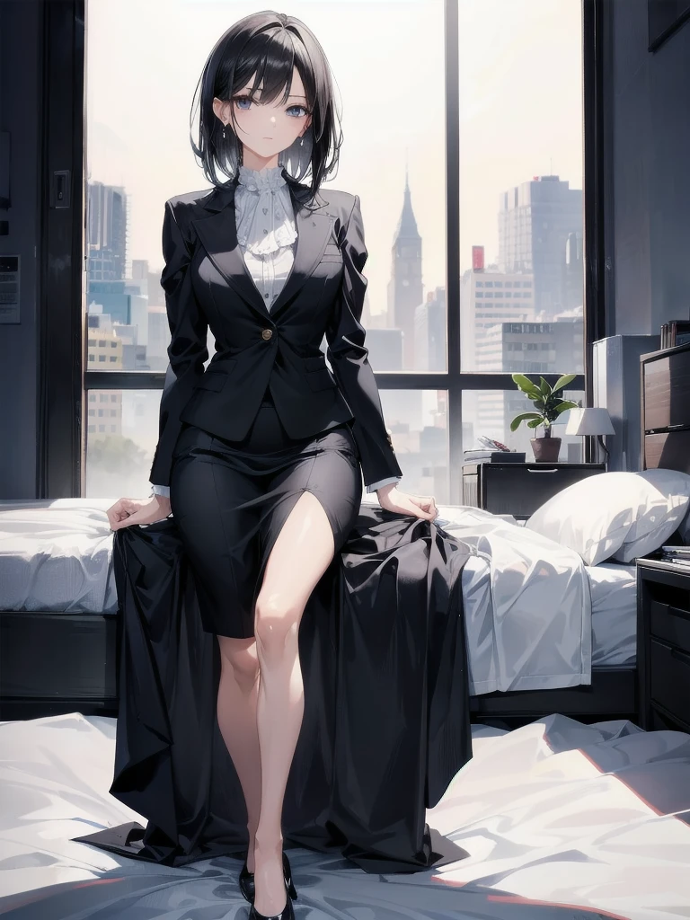 absurdres, RAW photo, extremely delicate and beautiful, masterpiece, Best Quality, ultra high resolution, 32k, hyperrealistic, ultra-detailed, perfect anatomy, super Detailed skin, perfect figure, in her 20s, very Slim body, narrow waist, very small head, very small face, delicate facial features, tearful mole, earring, medium breasts, full body shot, medium hair, black hair, ((office lady suit)), blazer, wet, bed,