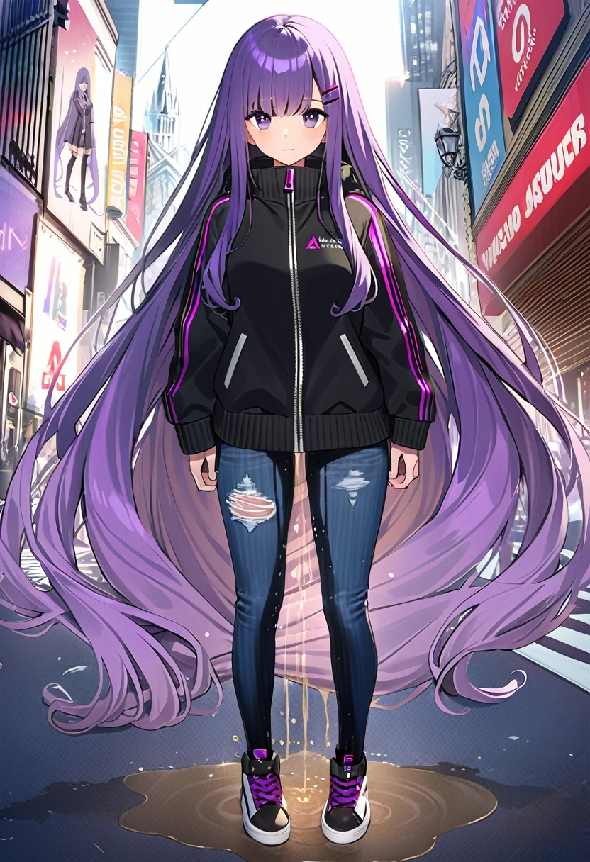 (masterpiece:1.37), best quality, (extremely detailed:1.37), woman, (very long hair:1.5), (dark purple hair:1.5), purple eyes, (extremely detailed eyes:1.37), standing, (wetting self:1.5), large breasts, stylish jacket, multicolored jackt, jeans, cleavage, navel, city, high-tech, street, full body