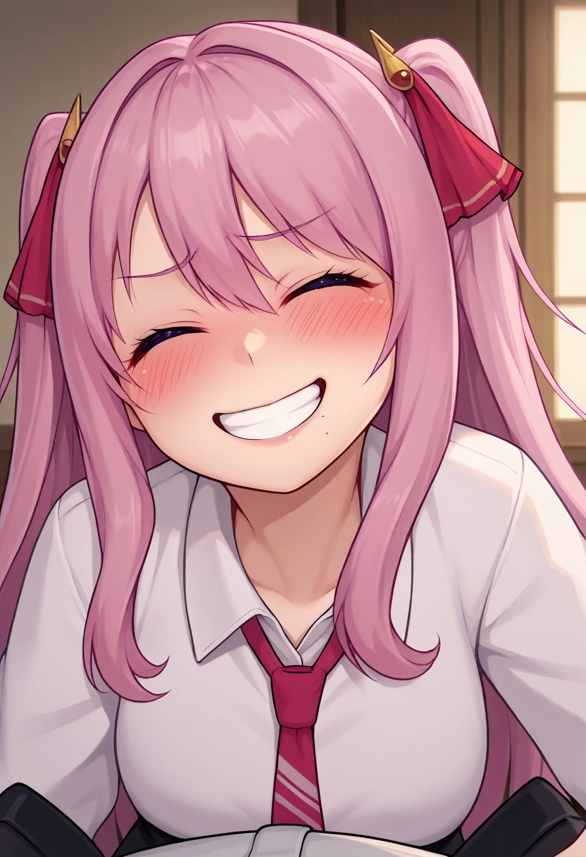 score_9, score_8_up, score_7_up, source_anime, BREAK 1girl, yunidef, purple eyes, pink hair, long hair, two side up, , hair ornament, mole under mouth, pink necktie, indoors, , pov, , black footwear, blush, evil grin,, smile,, crazy smile, close up, blush, , room, , angry, closed eyes, side, on side, neck, swallow, closed mouth, swallowing, looking up, head up,