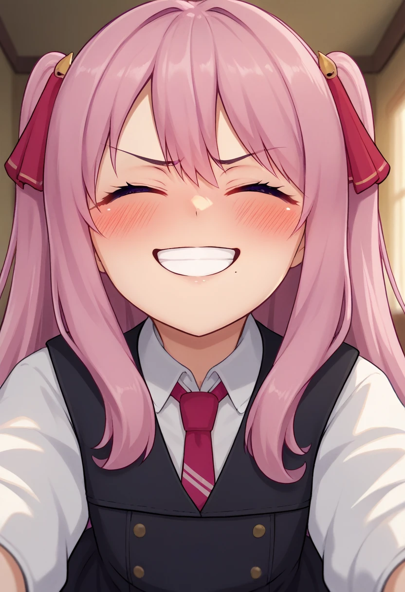 score_9, score_8_up, score_7_up, source_anime, BREAK 1girl, yunidef, purple eyes, pink hair, long hair, two side up, , hair ornament, mole under mouth, pink necktie, indoors, , pov, , black footwear, blush, evil grin,, smile,, crazy smile, close up, blush, , room, , angry, closed eyes, side, on side, neck, swallow, closed mouth, swallowing, looking up, head up,