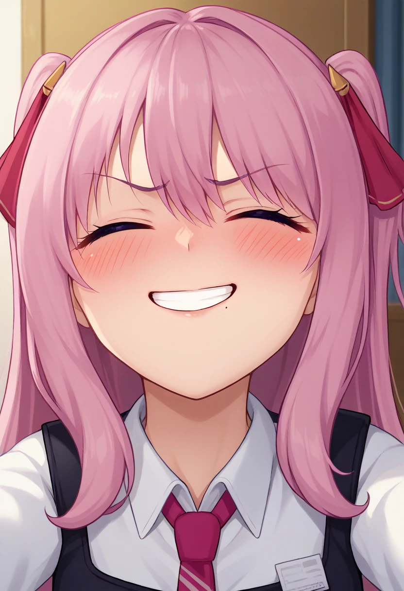 score_9, score_8_up, score_7_up, source_anime, BREAK 1girl, yunidef, purple eyes, pink hair, long hair, two side up, , hair ornament, mole under mouth, pink necktie, indoors, , pov, , black footwear, blush, evil grin,, smile,, crazy smile, close up, blush, , room, , angry, closed eyes, side, on side, neck, swallow, closed mouth, swallowing, looking up, head up,