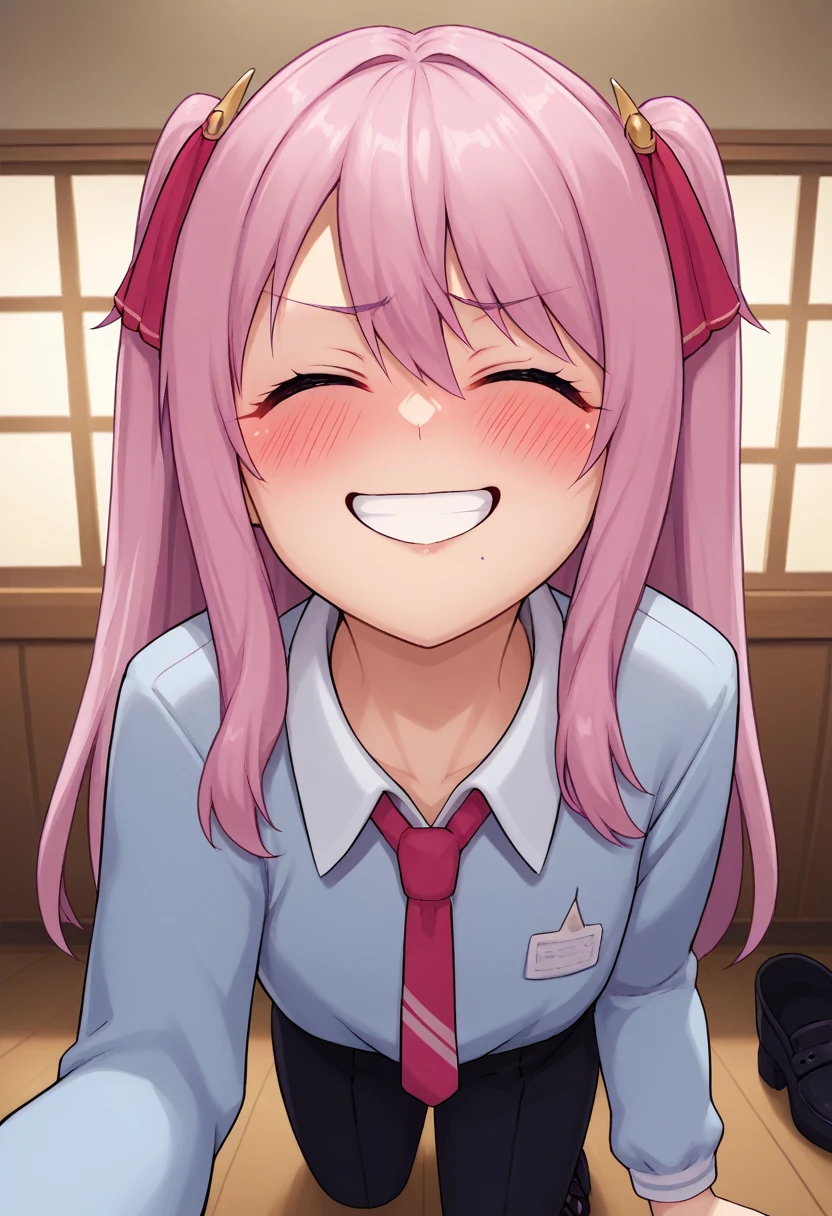 score_9, score_8_up, score_7_up, source_anime, BREAK 1girl, yunidef, purple eyes, pink hair, long hair, two side up, , hair ornament, mole under mouth, pink necktie, indoors, , pov, , black footwear, blush, evil grin,, smile,, crazy smile, close up, blush, , room, , angry, closed eyes, side, on side, neck, swallow, closed mouth, swallowing, looking up, head up,